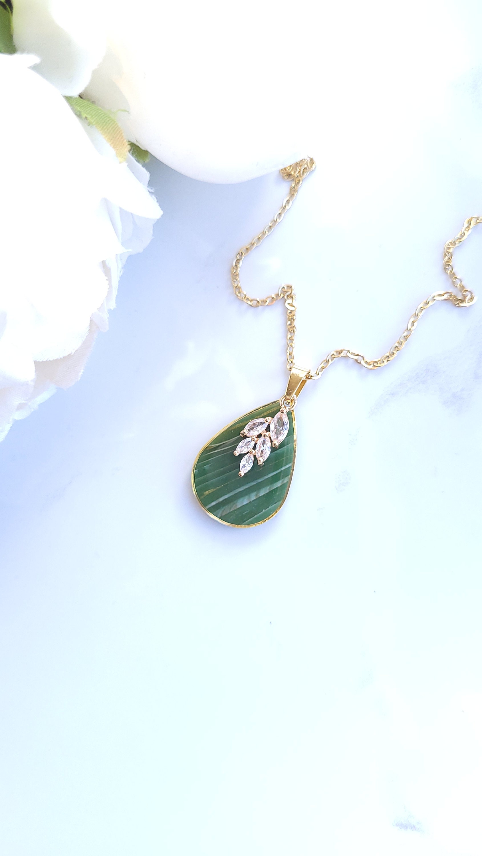 Green & Gold Marble Leaf Pendant Necklace | Handmade Polymer Clay Unique