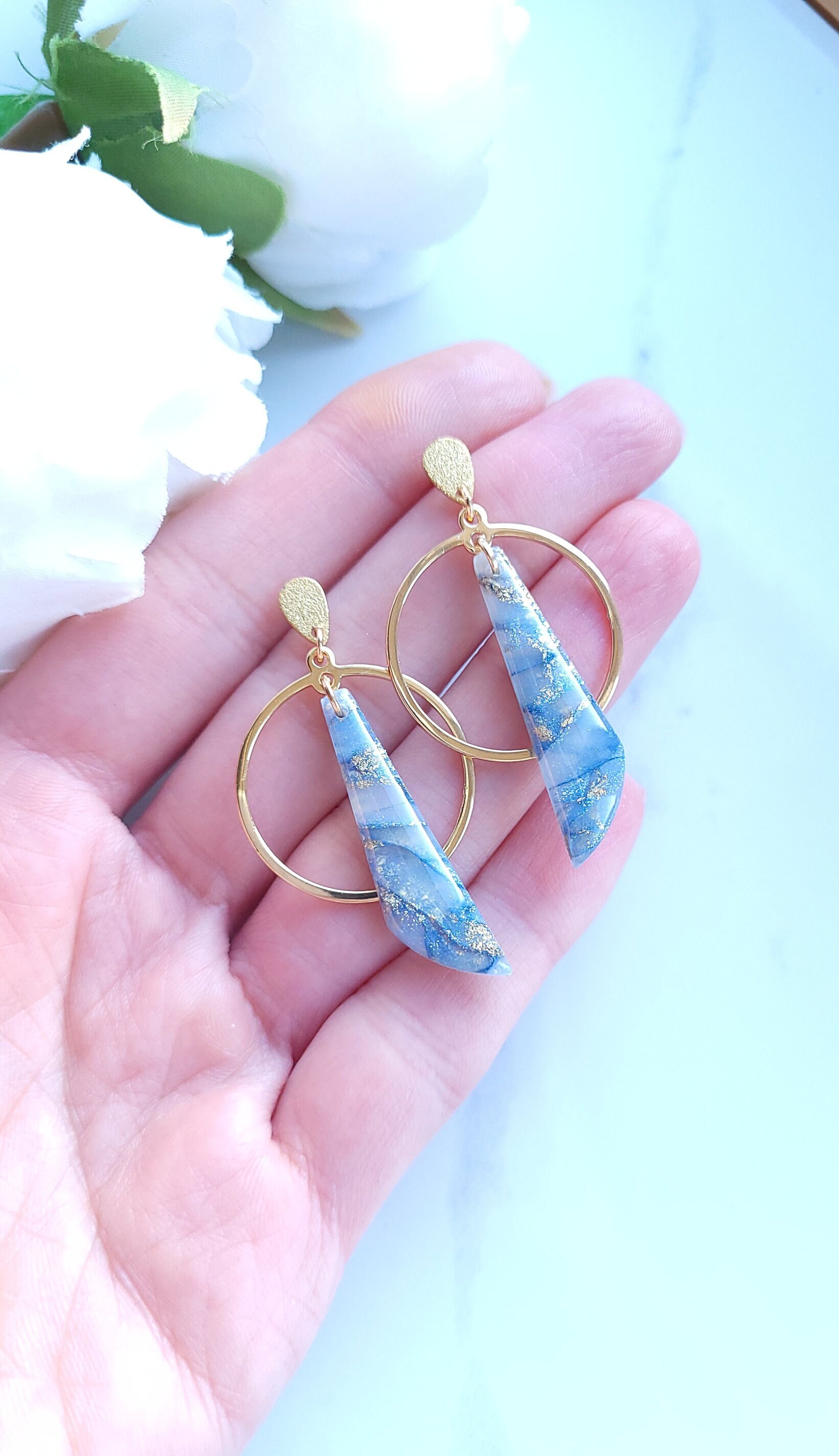 Light Blue & Gold Marble Translucent Earrings | Handmade Polymer Clay Statement Dangle