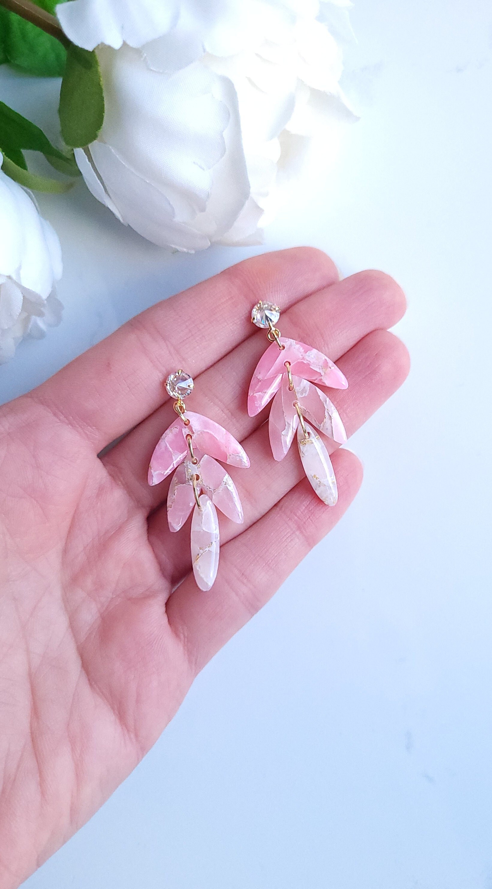 Rose Pink & Gold Gradient Marble Earrings | Handmade Polymer Clay Statement Dangle