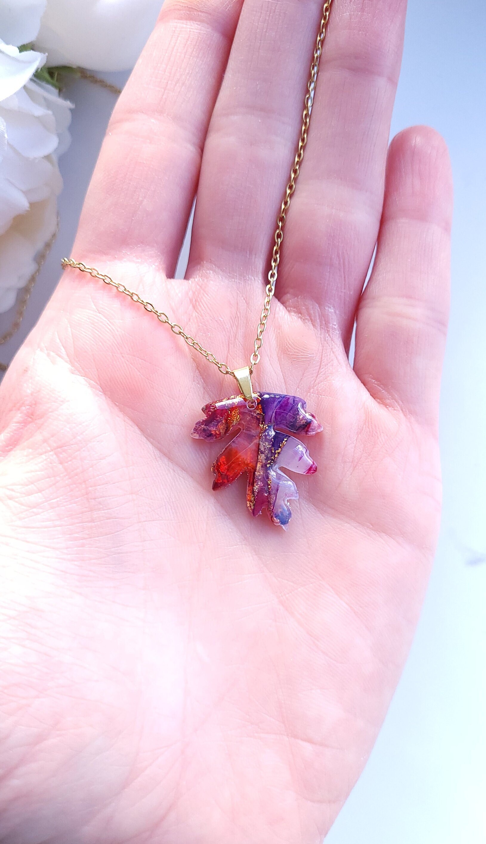 Red, Purple & Gold Marble Pendant Necklace | Handmade Polymer Clay Unique Leaf
