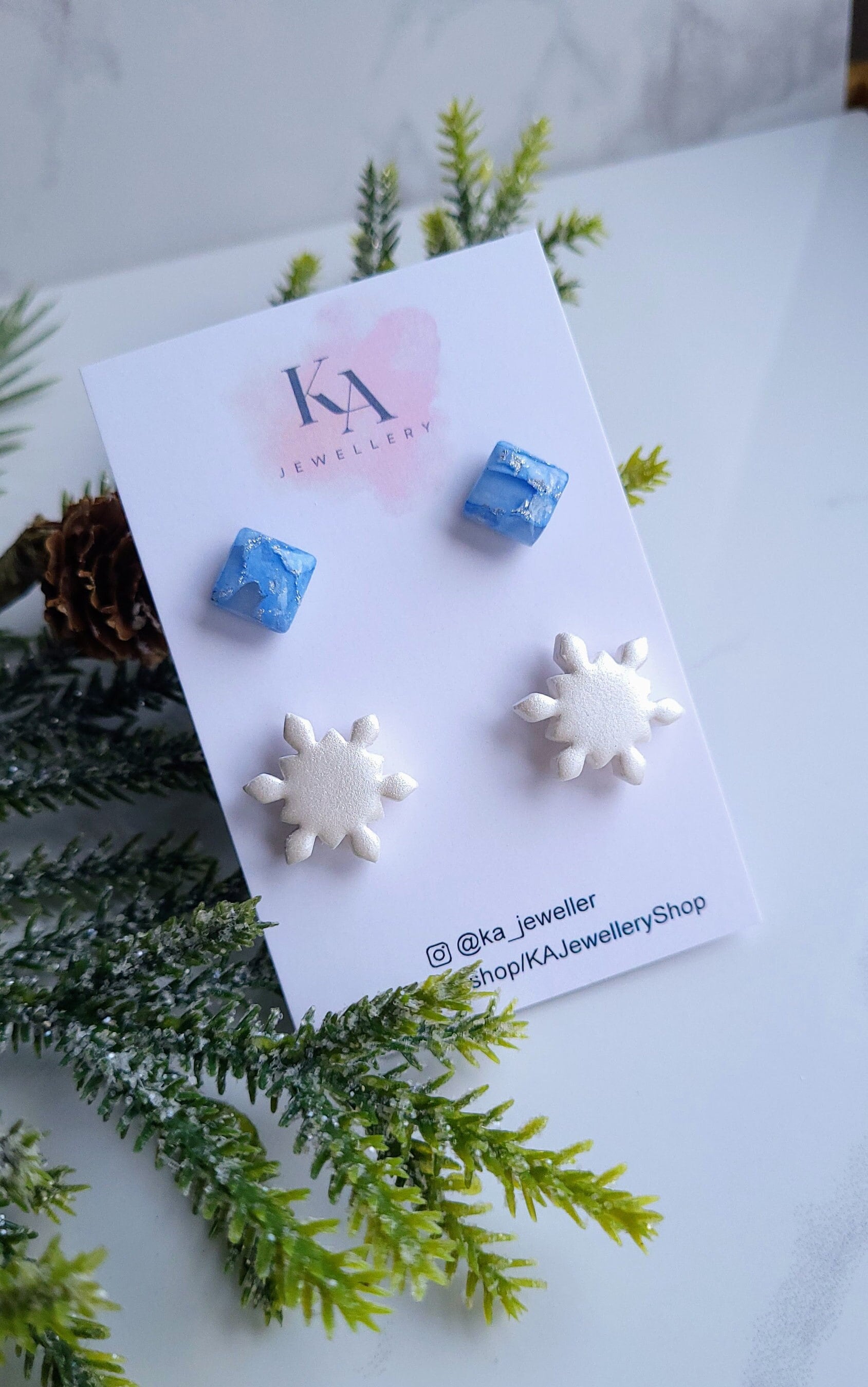 Light Blue, White & Silver Marble Stud Pack | Handmade Polymer Clay Earrings Statement