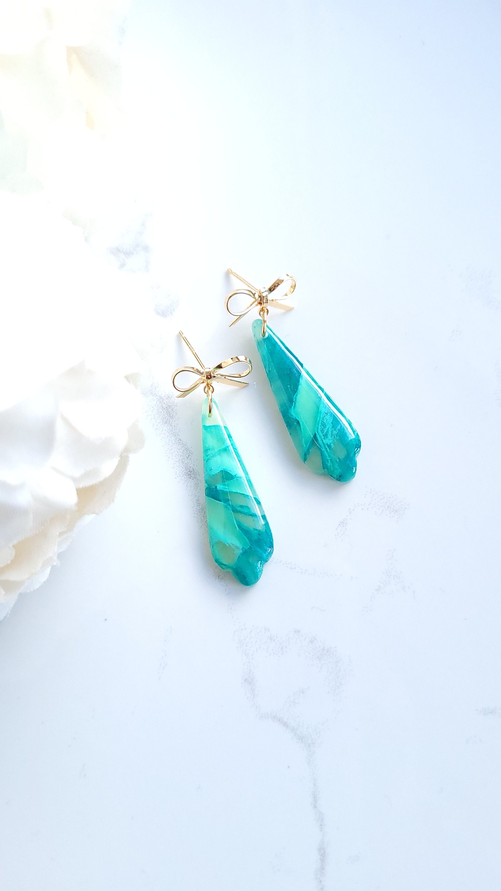 Turquoise & Teal Marble Translucent Earrings | Handmade Polymer Clay Statement Bow Dangle