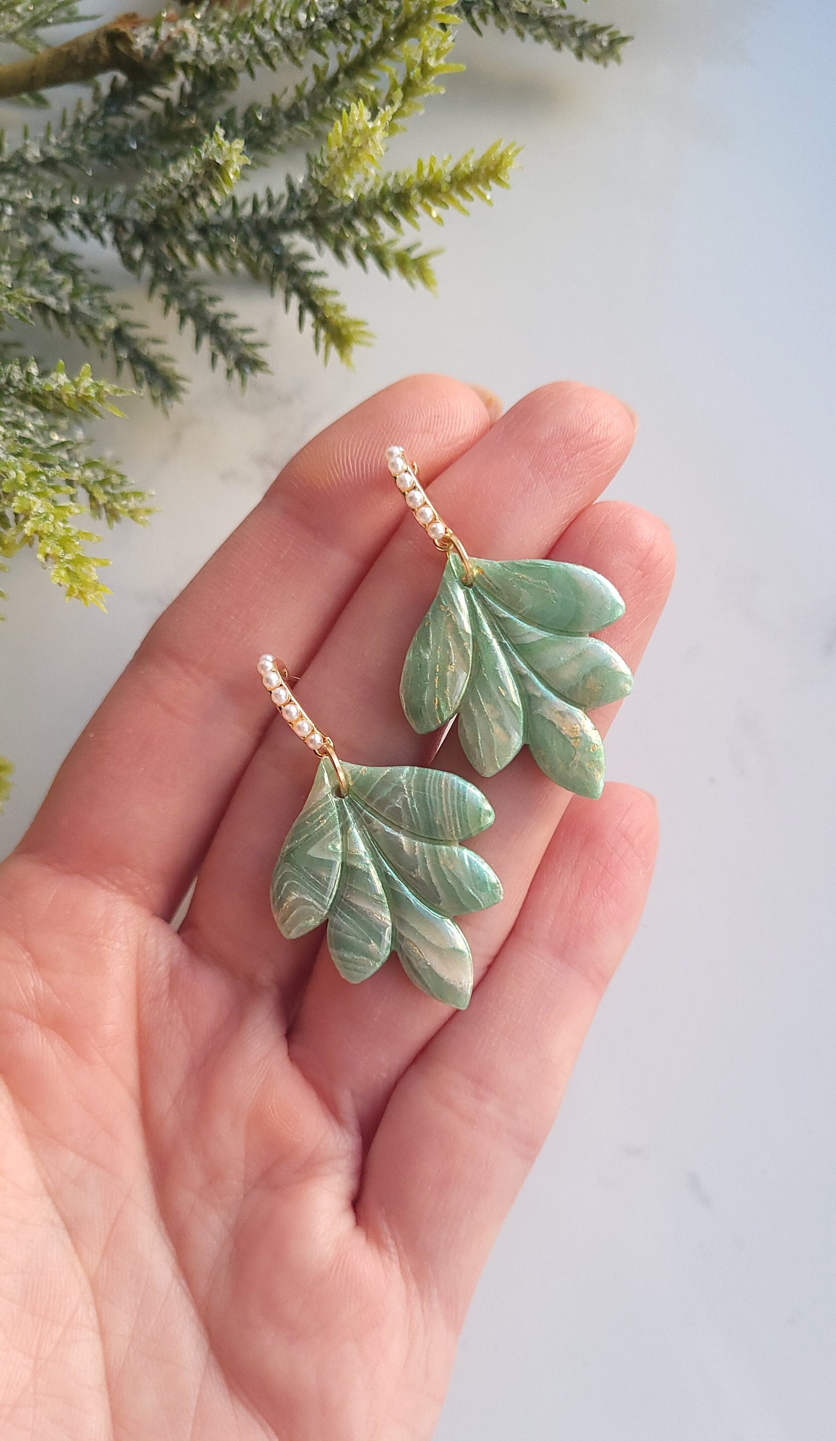 Sage Green & Gold Iridescent Marble Earrings | Handmade Polymer Clay Statement Dangle