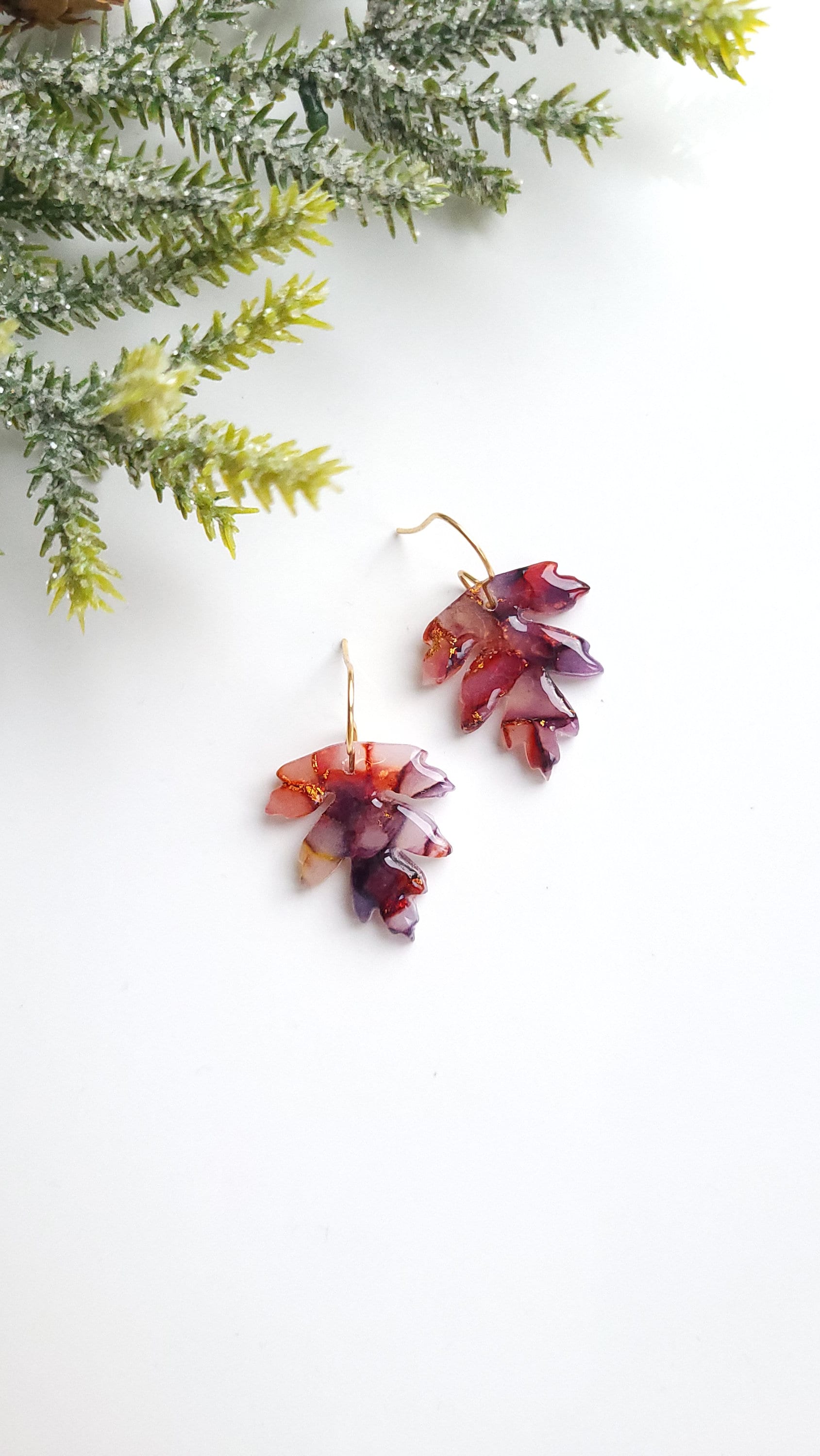 Orange/Red, Purple & Gold Marble Earrings | Handmade Polymer Clay Statement Leaf Dangle