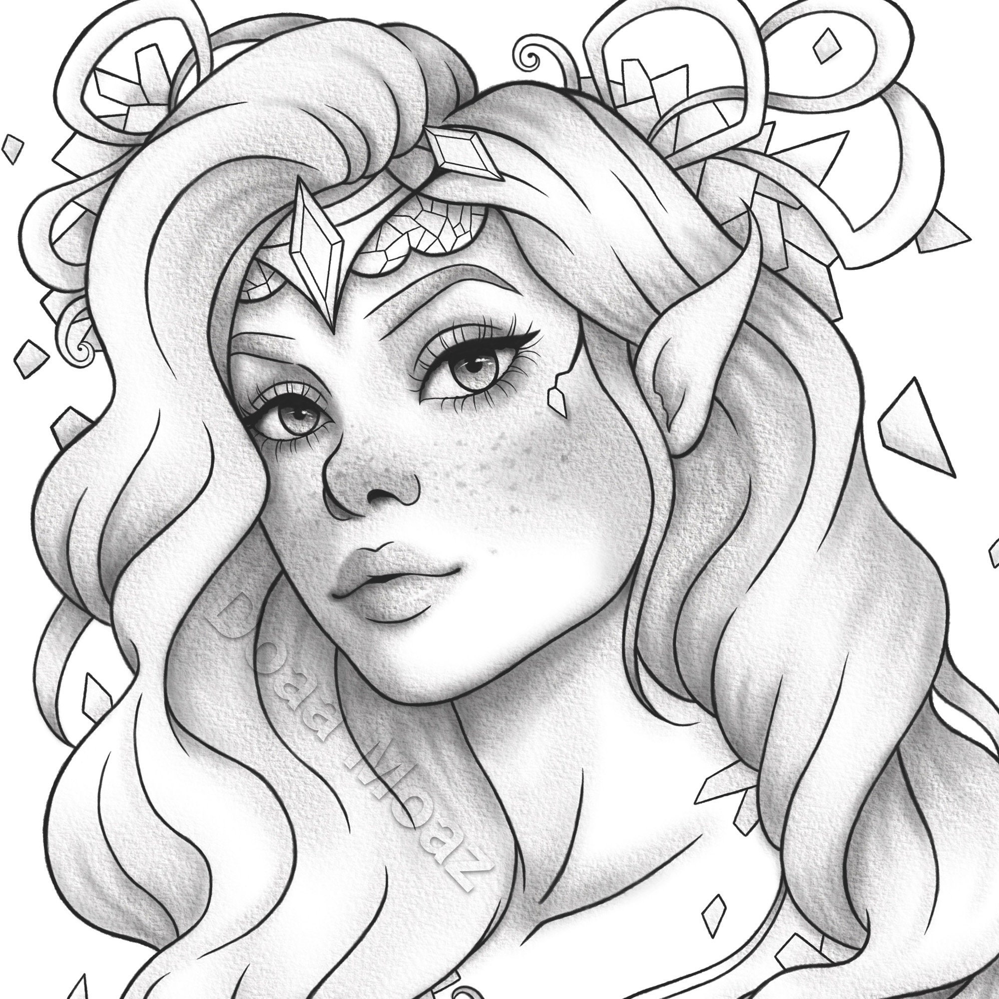 Adult Coloring Page Fantasy Girl Portrait Etsy