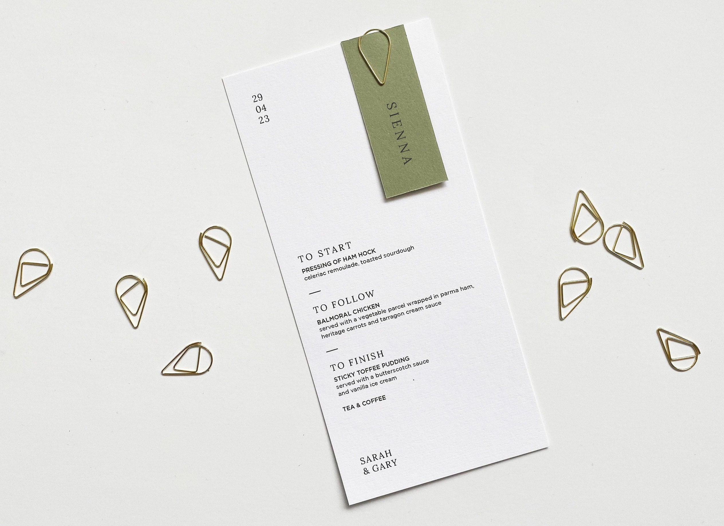 Sage Wedding Menu - Personalised With Gold Teardrop Clip Place Name Card Champagne