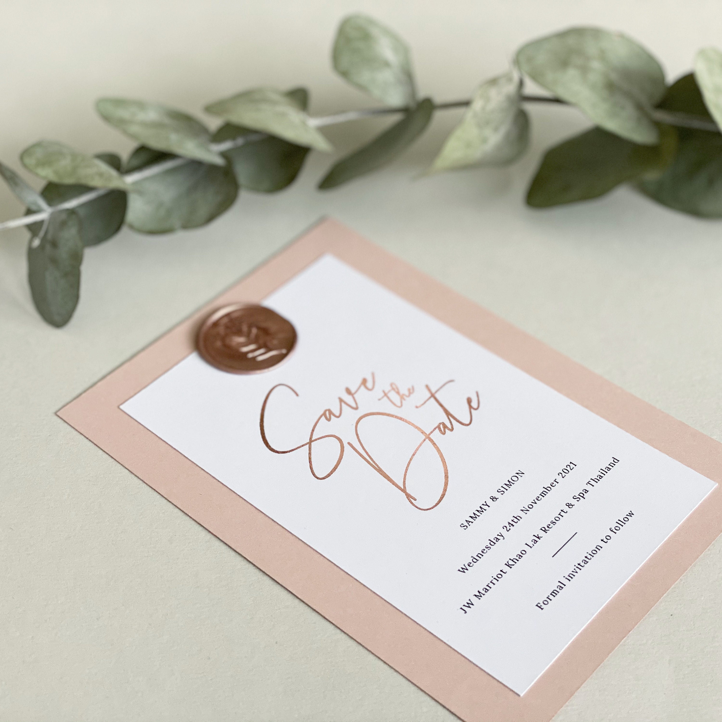 Rose Gold Save The Date Card - Wedding Blush Pink Invitation With Wax Seal Custom