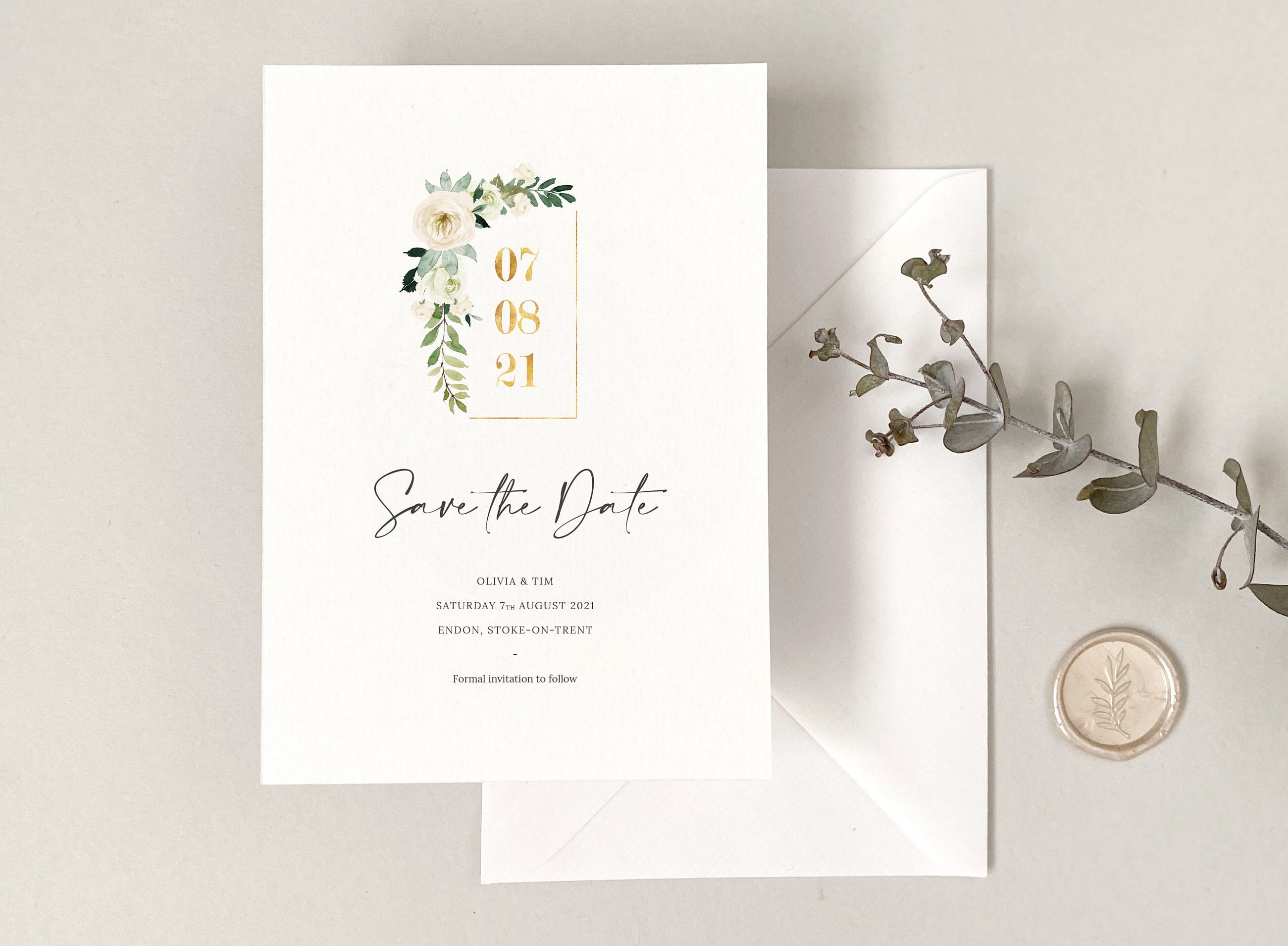 White Floral Save The Date - Card Gold Foil & Foliage Invite Invitation Custom Wedding Stationery