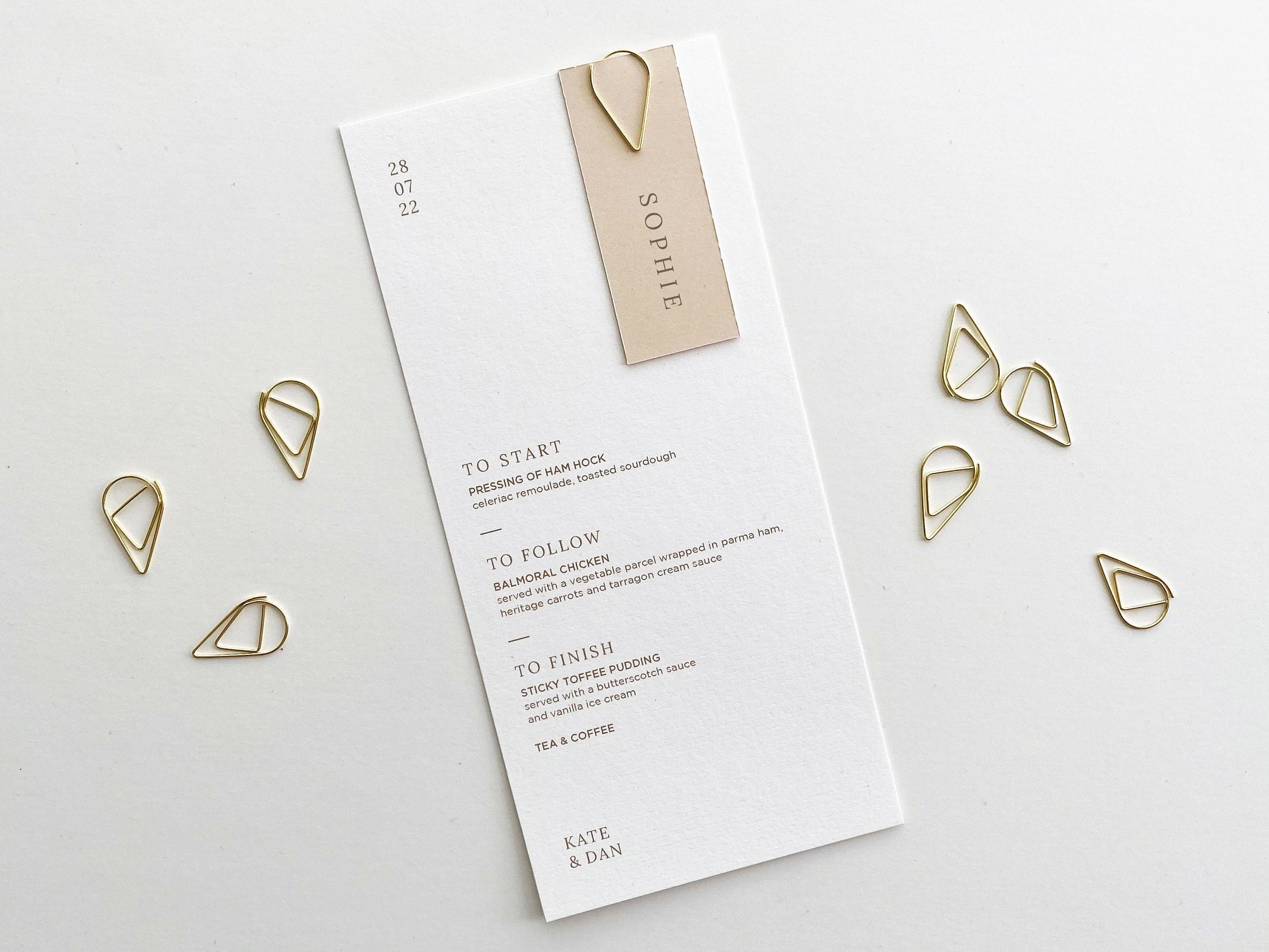 Wedding Menu - Personalised With Gold Teardrop Clip Place Name Card Champagne