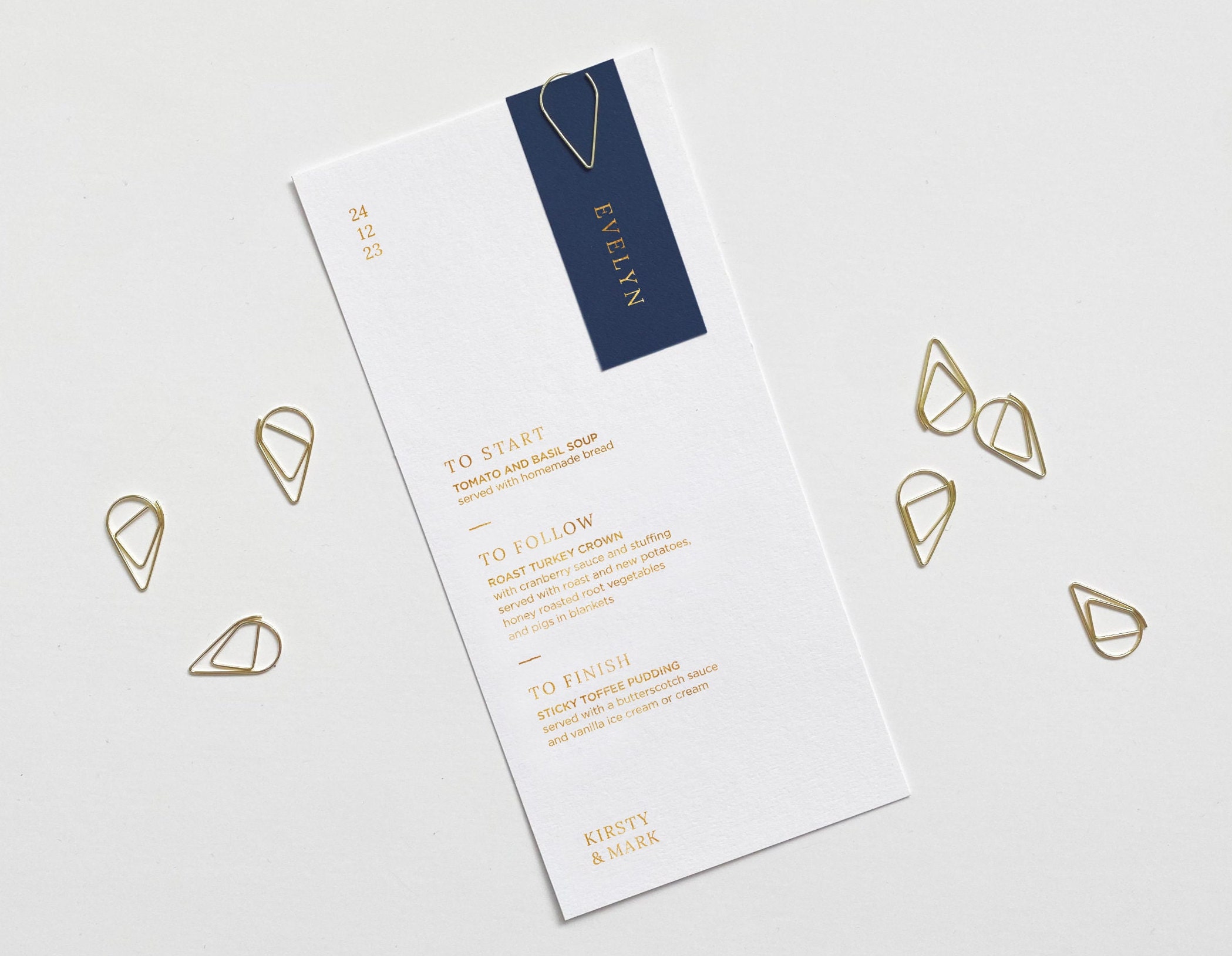 Navy Wedding Menu - Gold Foil With Teardrop Clip Place Name Card Black Burgundy Green