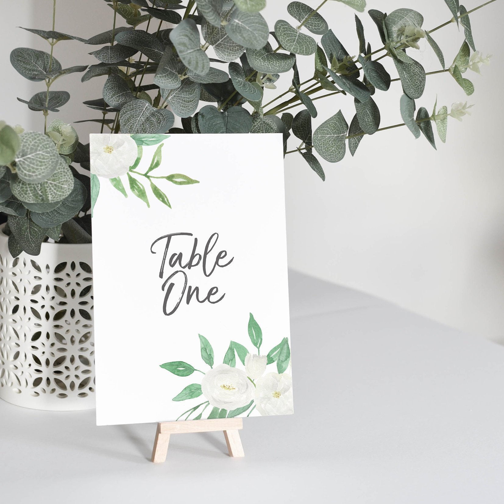 White & Green Floral Table Number Cards - Wedding Numbers Name Custom Stationery