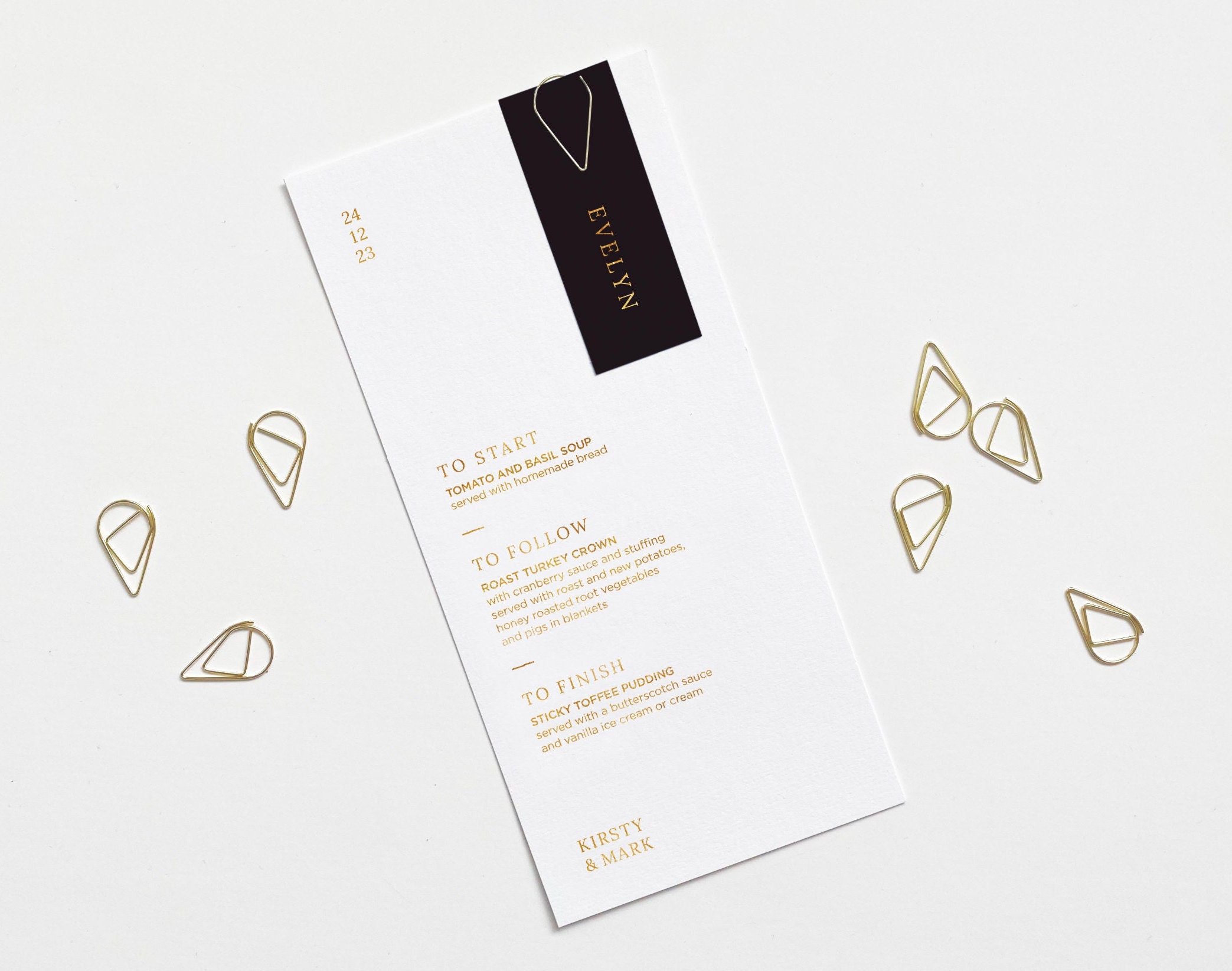 Winter Wedding Menu - Personalised With Gold Teardrop Clip Place Name Card Foil Black Navy Burgundy Green