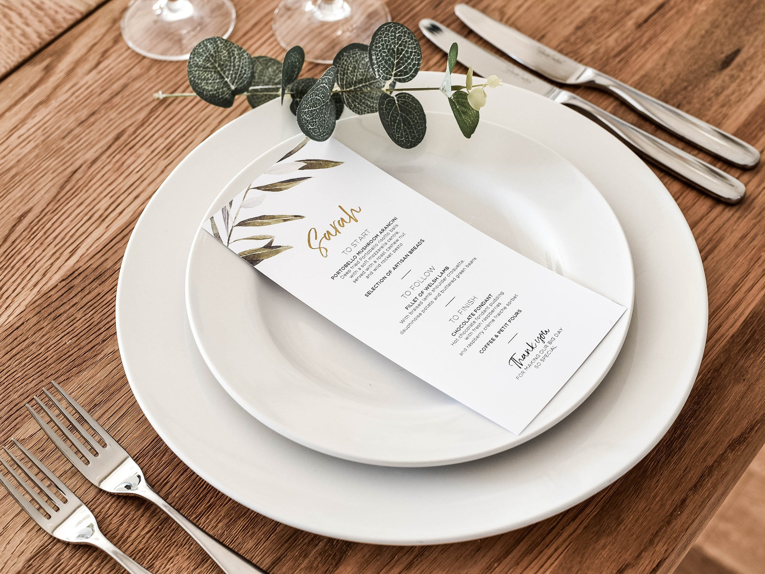 Olive Branch Wedding Menus - Personalised Gold Foil Greenery Custom Stationery