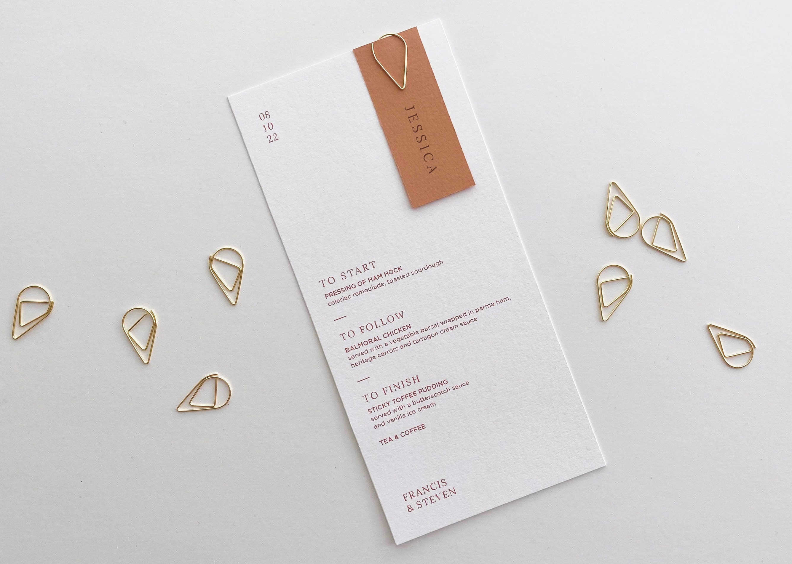 Terracotta Wedding Menu - Personalised With Gold Teardrop Clip Place Name Card Tan