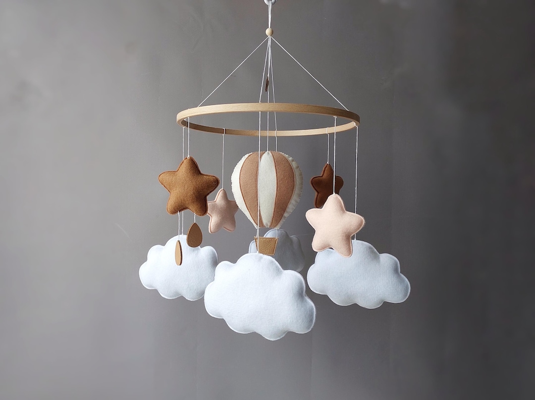 Hot Air Ballon Crib Mobile Nursery Baby Mobile Neutral Boho Musical Mobile Bb Felt Cloud Mobile
