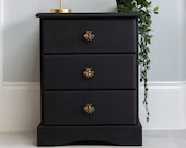 SOLD EXAMPLE Black painted wooden bedside cabinet with bee handles / Bee knobs / Black solid wood bedside table