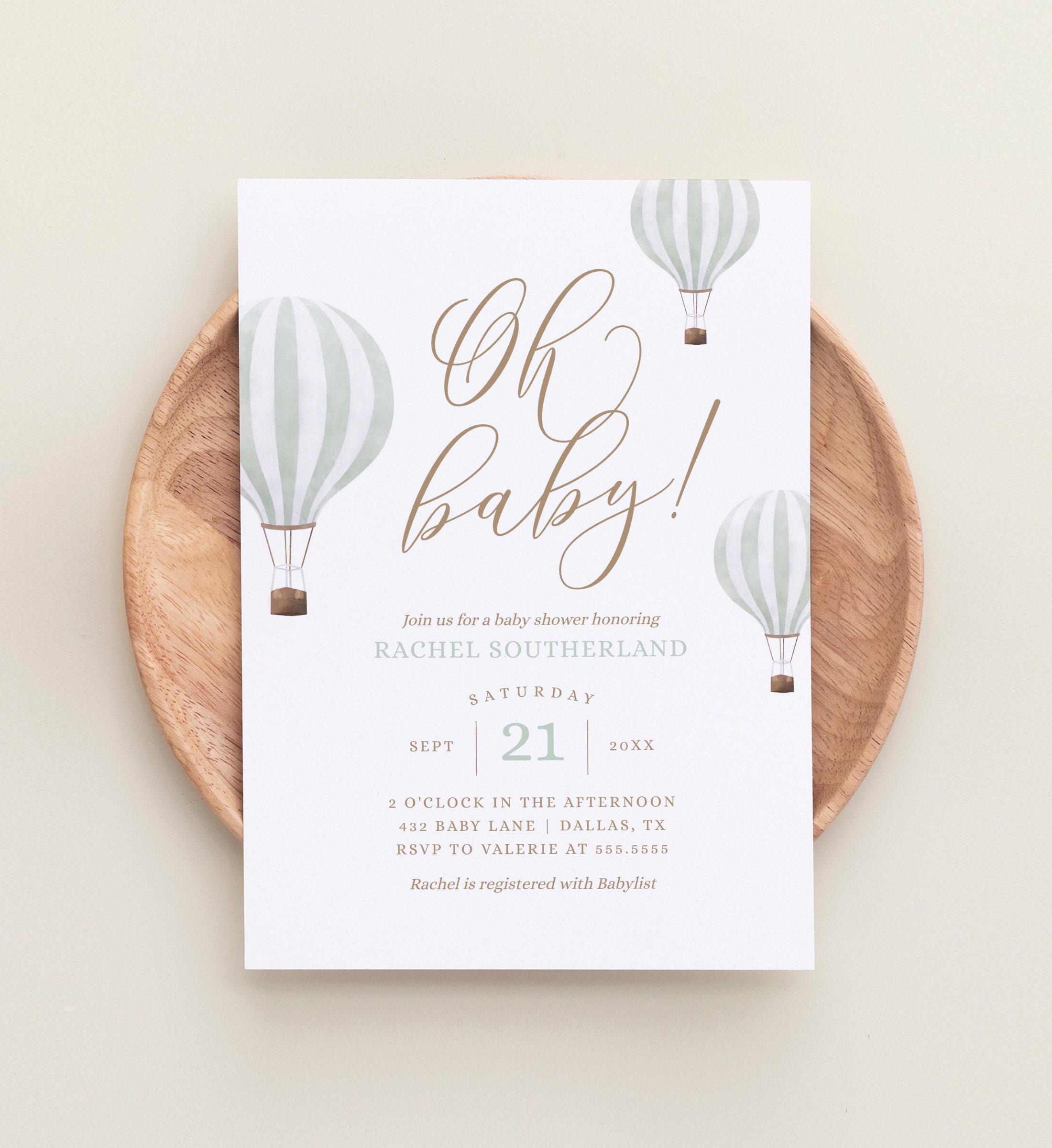 Green Hot Air Balloon Baby Shower Invitation Gender Neutral Baby Shower Invite Oh Baby