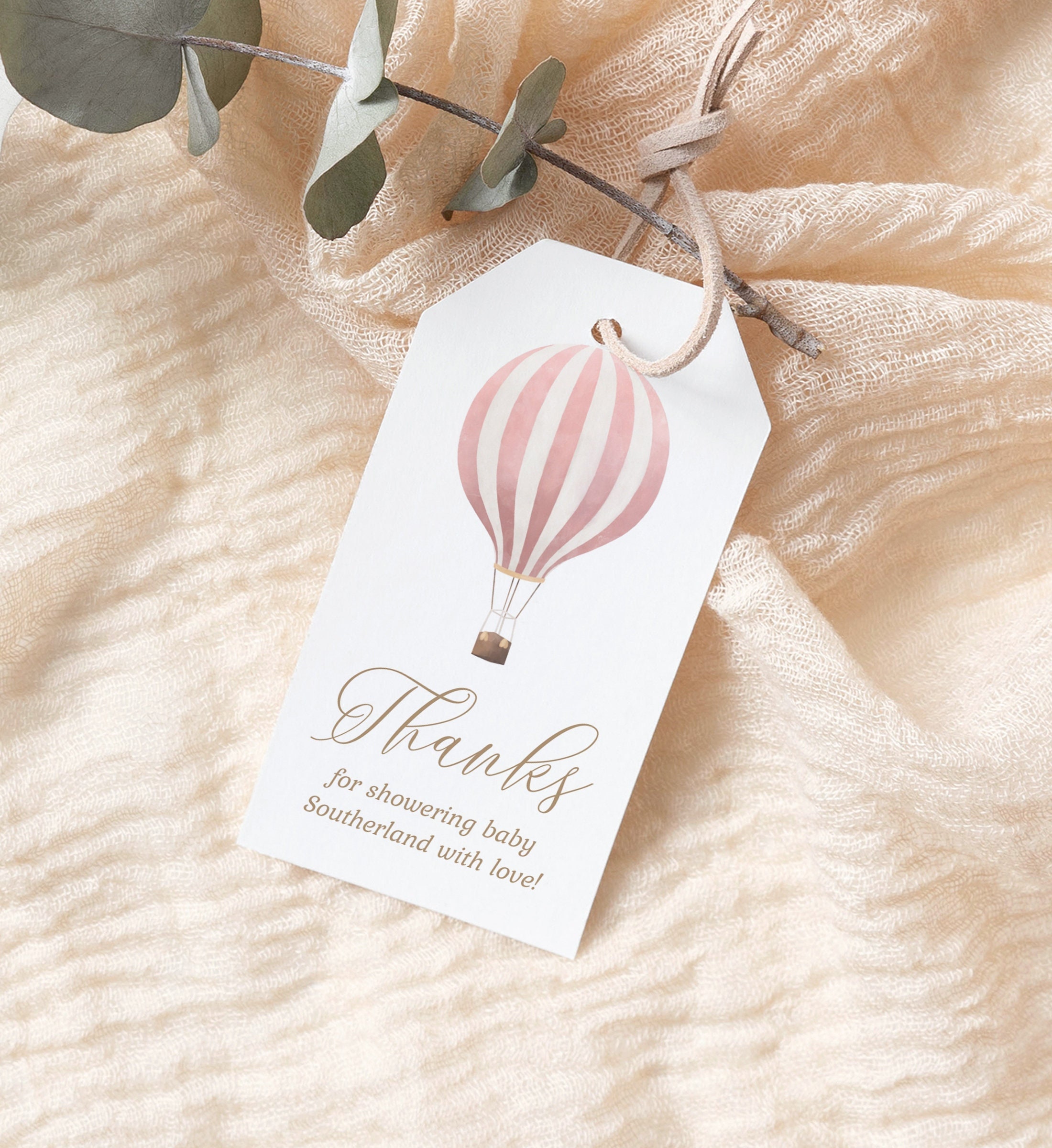 Editable Pink Hot Air Balloon Favor Tag Template Printable Travel Baby Shower Gift Tag DIGITAL