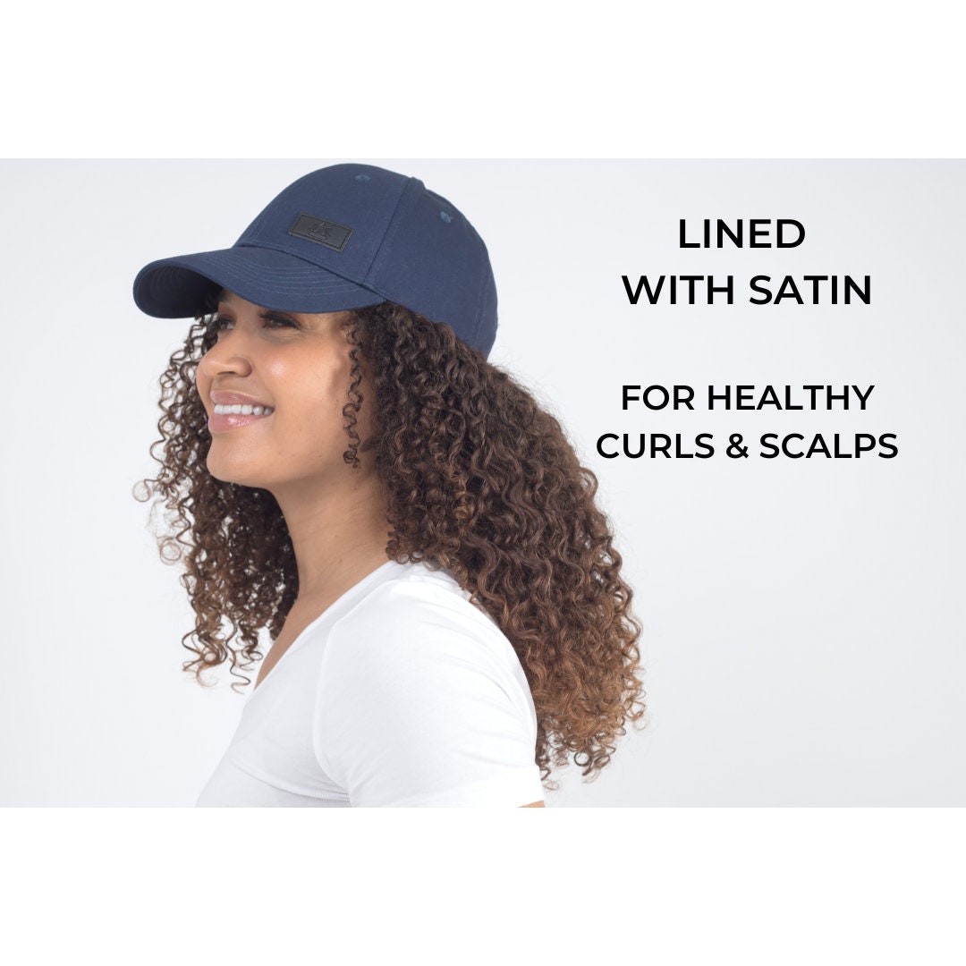 Satin Lined Navy Baseball Cap For Curly Hair