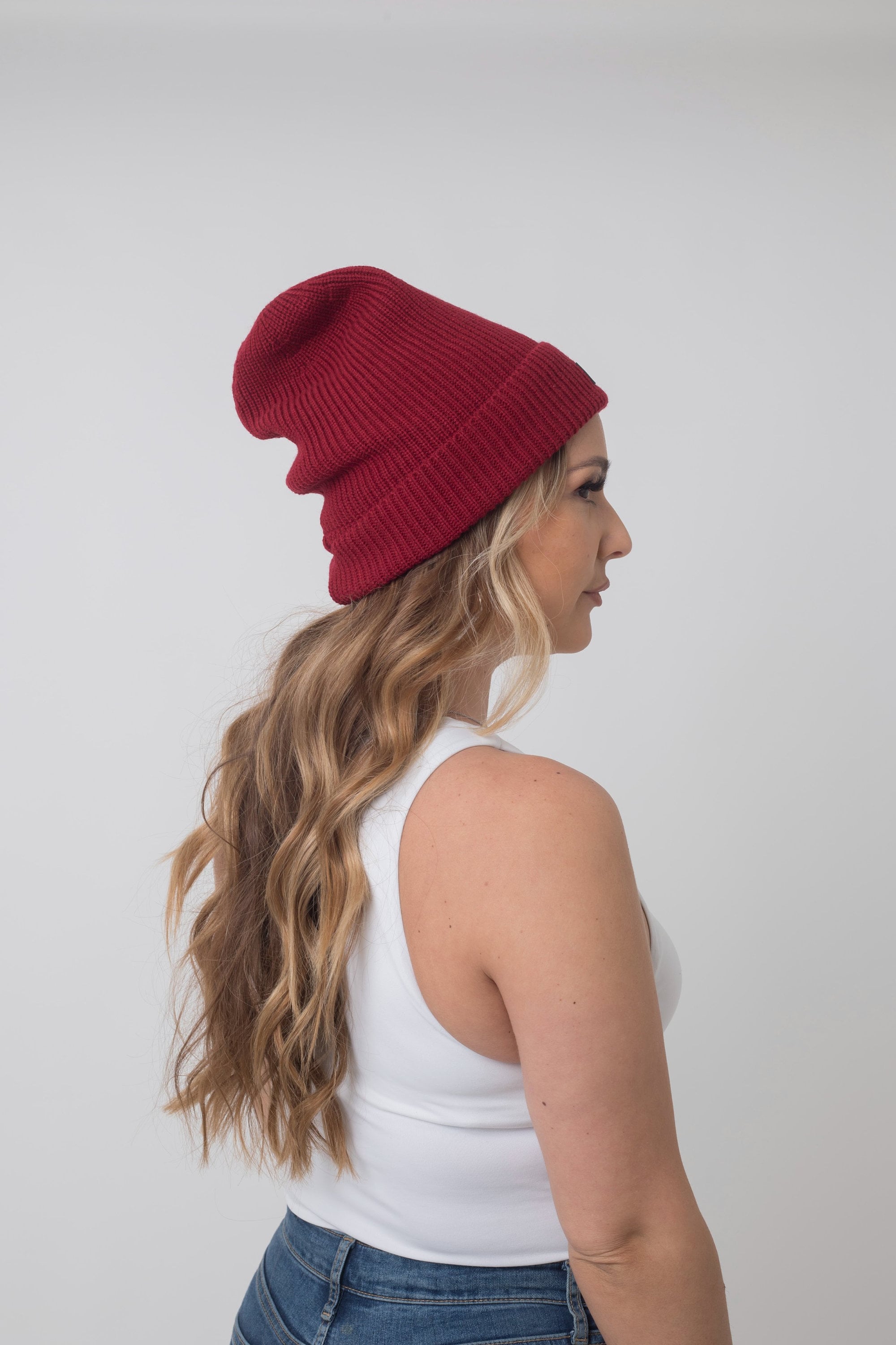 Satin Lined Red Stripe Tall Beanie