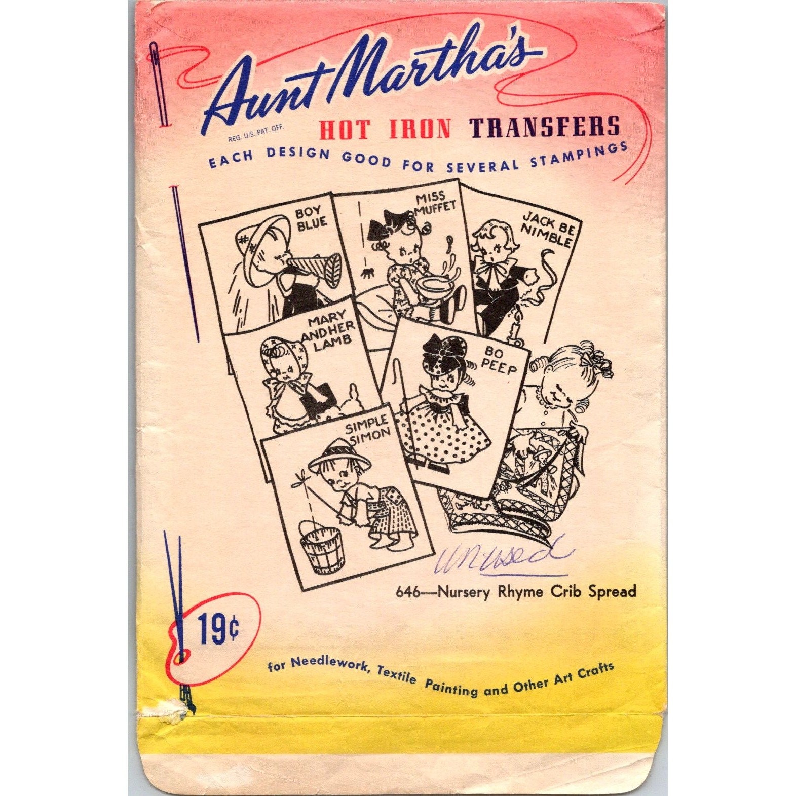 Vintage Aunt Martha S Hot Iron Transfers 646 UNUSED Nursery Rhyme Crib Spread New In Original