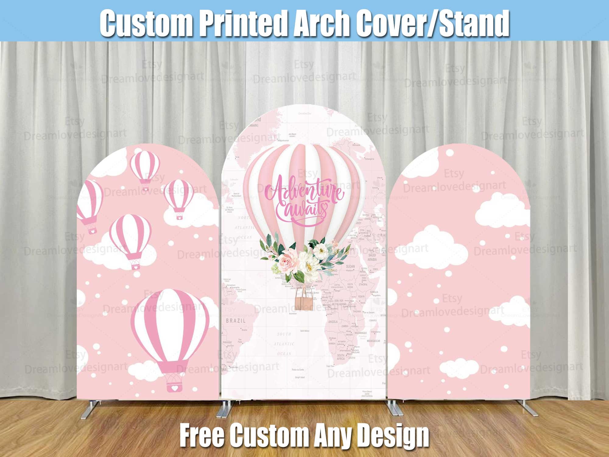 Adventure Arch Backdrop Cover Pink Hot Air Balloon Girl Baby Shower Awaits Begin Stand Frame