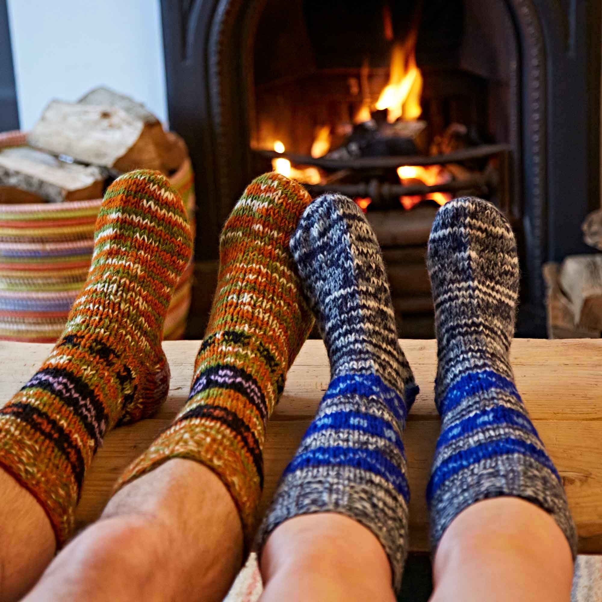 Fair Trade Hand Knitted Nepalese Stripy Woollen Socks - 5 Colours Woolly Slipper 2 Sizes 100% Wool