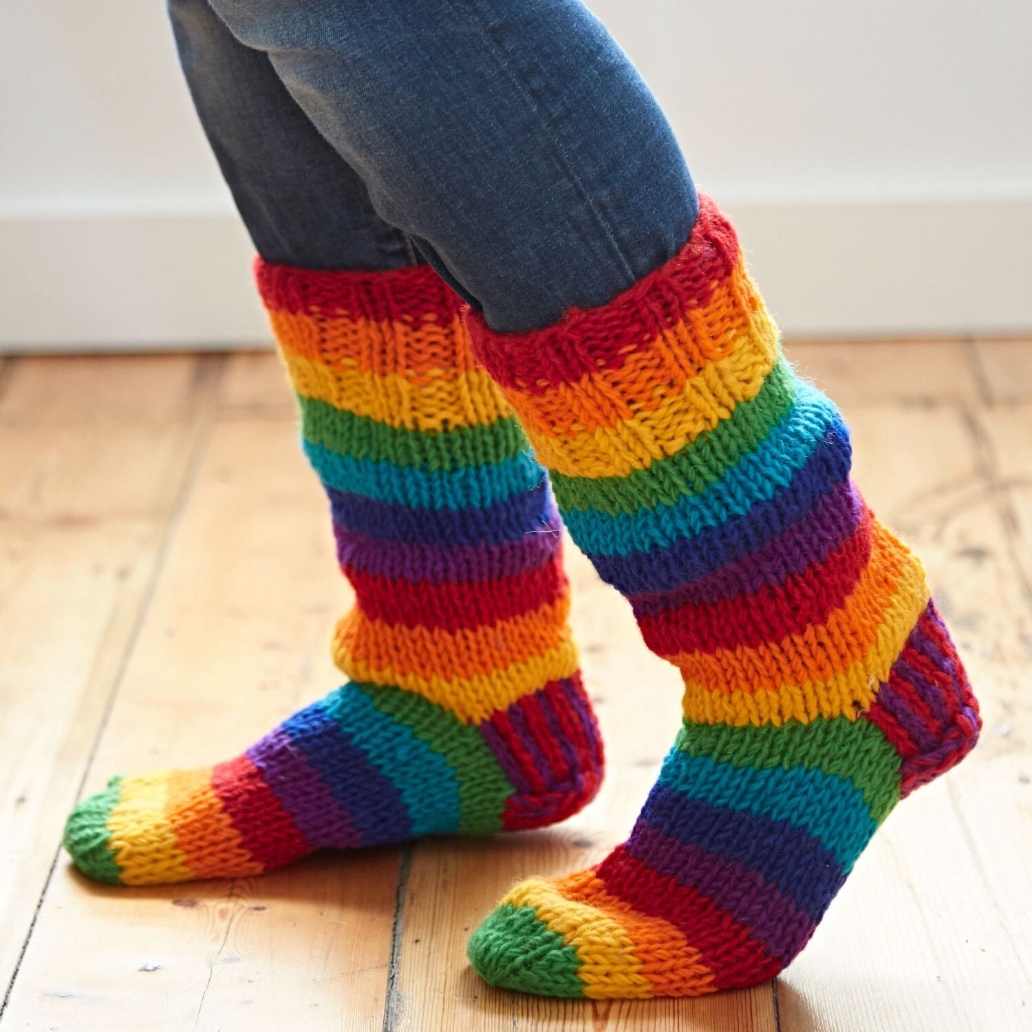 Handmade Rainbow Stripy Woollen Socks - Knitted Woolly Slipper 2 Sizes 100% Fair Trade Wool