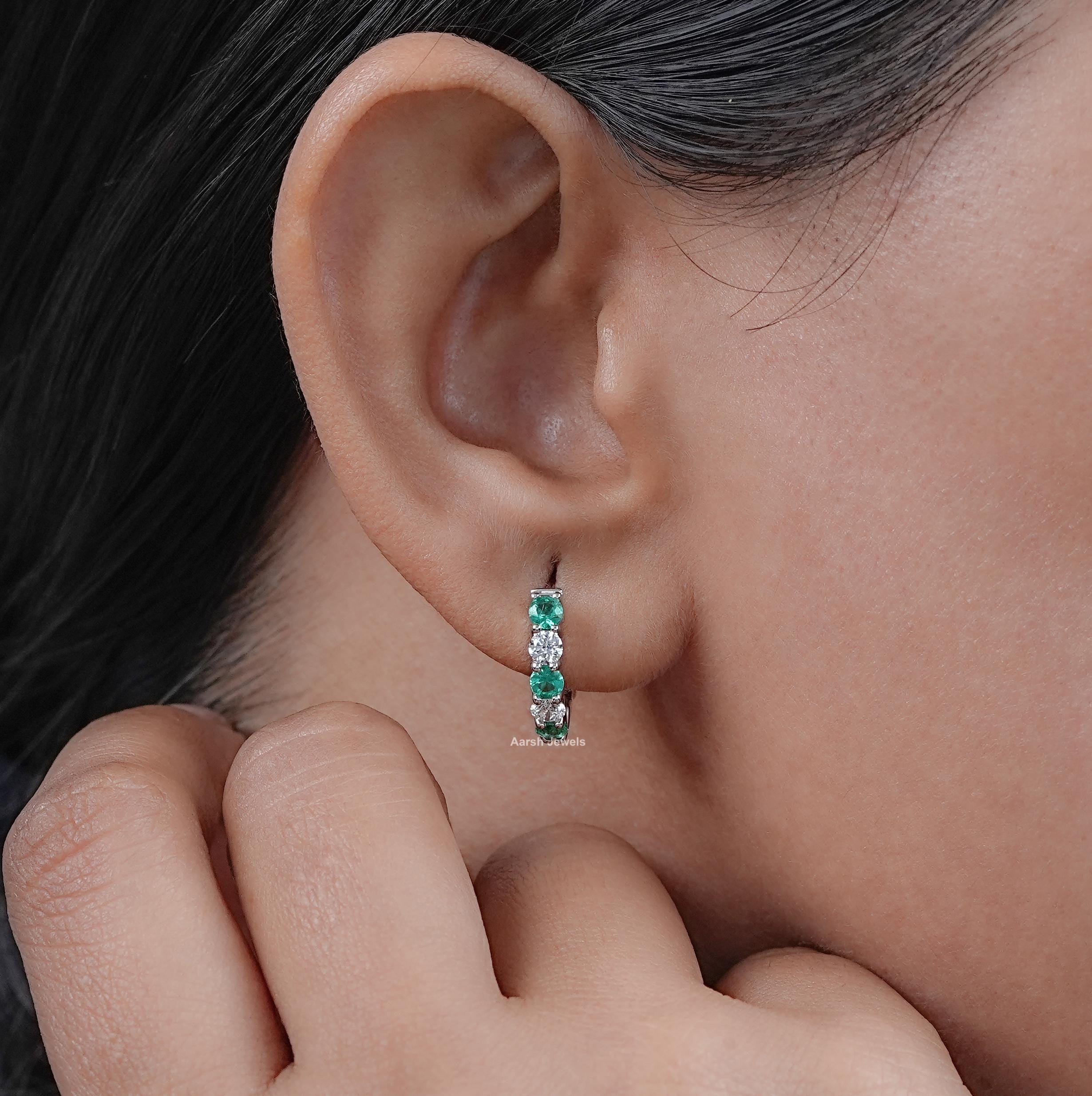 Emerald And Lab Grown Diamond Huggie Hoop Earrings Round Cut