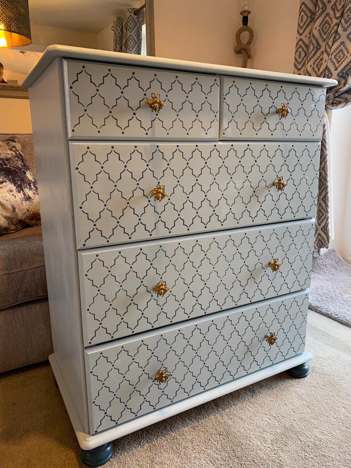 Beautiful Moroccan Bee Knob Blue Chest of Drawers