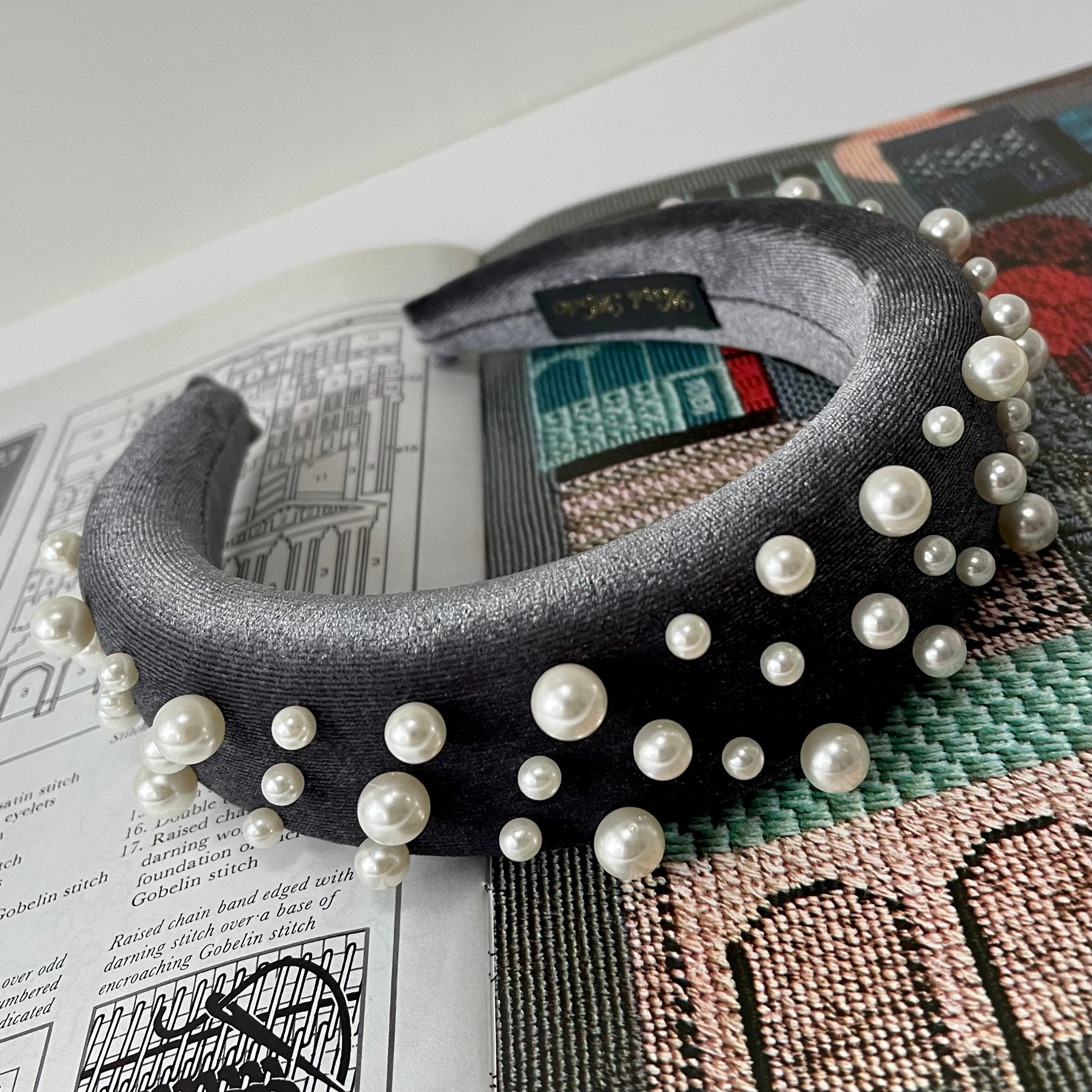 Velvet Pearl Padded Headband Grey Silver Oversized Assorted Pearls Hairband Wedding Bridesmaid Fascinator Hair Accessories | The Matisse