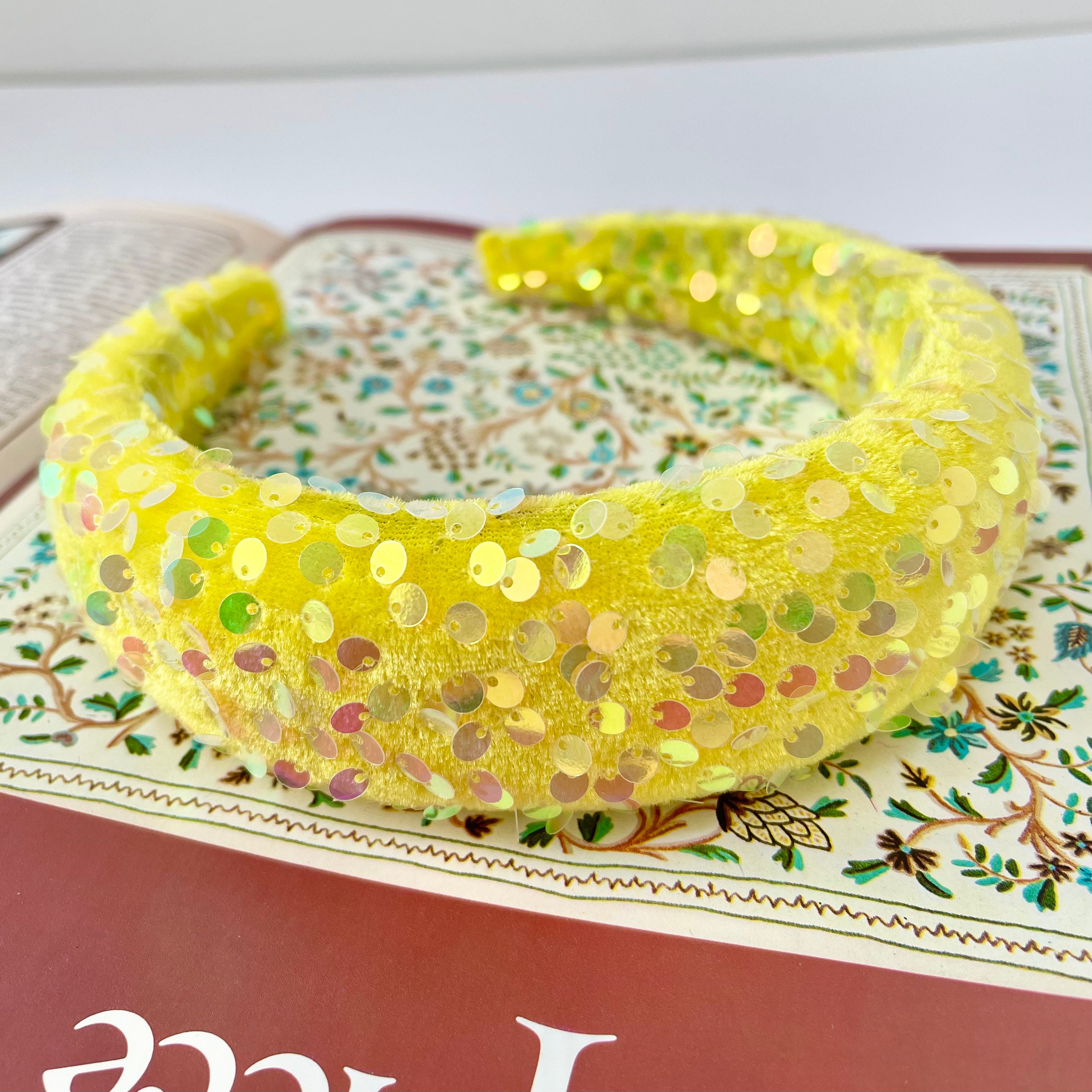 Sequin Velvet Headband Neon Yellow Chunky Voluminous Hairband Bridal Wedding Bridesmaid Fascinator Hair Accessories | The Monet