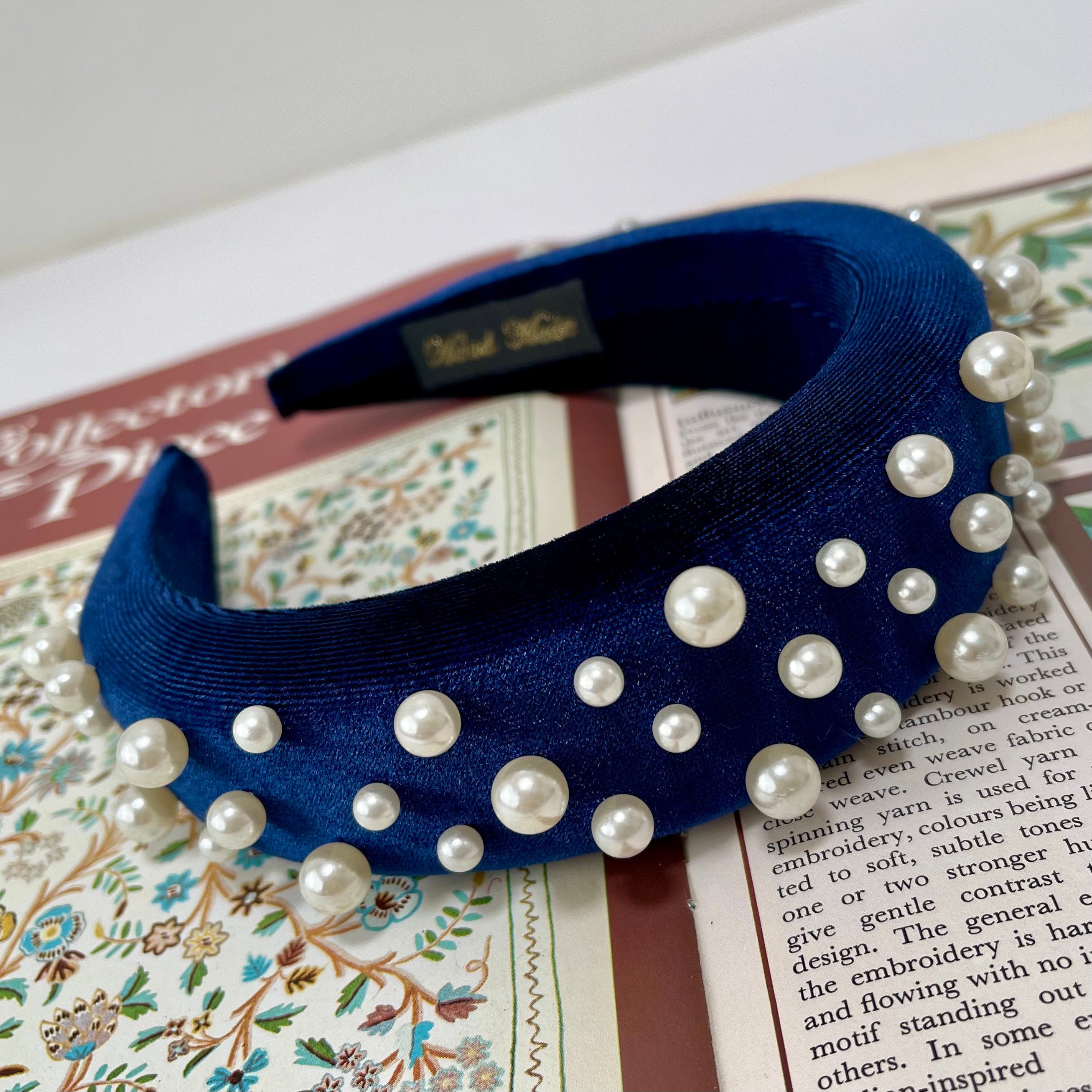 Velvet Pearl Padded Headband Navy Blue Oversized Assorted Pearls Hairband Wedding Bridesmaid Fascinator Hair Accessories | The Matisse