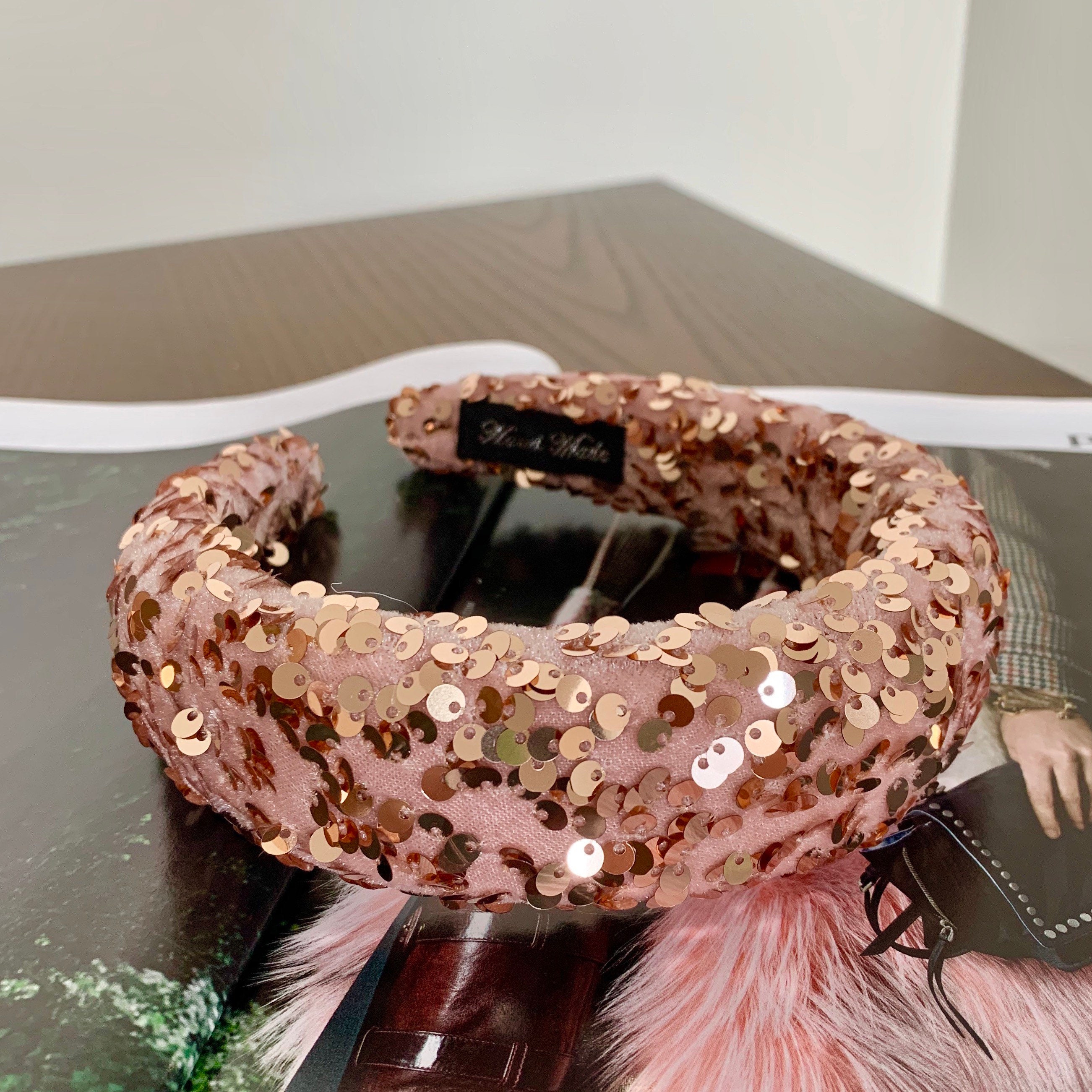 Sequin Velvet Headband Baby Pink Chunky Voluminous Hairband Bridal Wedding Bridesmaid Fascinator Hair Accessories | The Monet