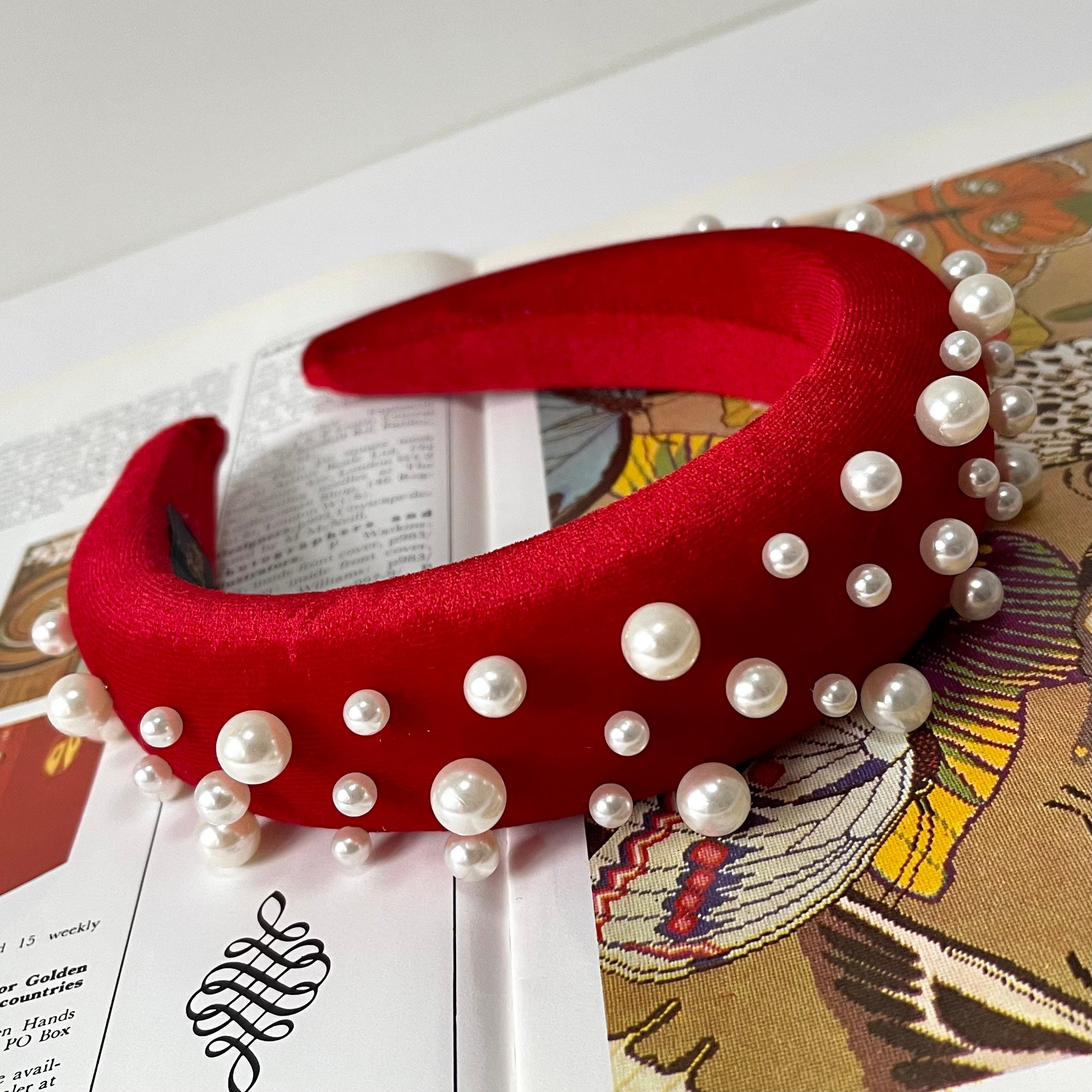 Velvet Pearl Padded Headband Red Oversized Assorted Pearls Hairband Wedding Bridesmaid Fascinator Hair Accessories | The Matisse