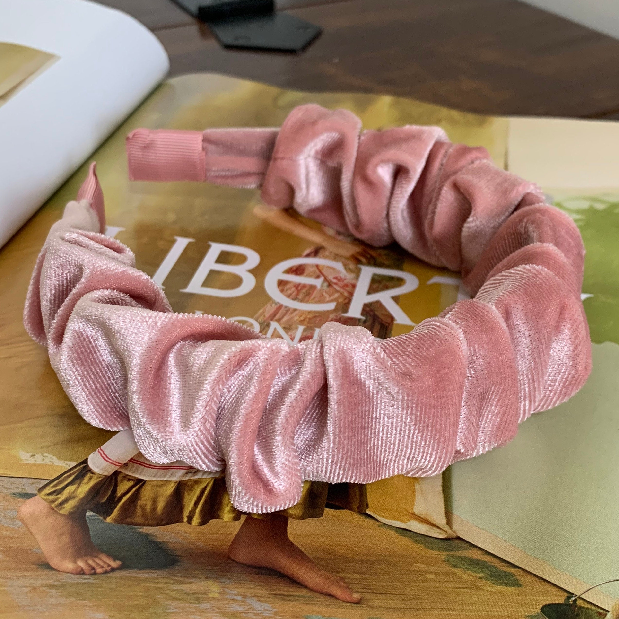 Velvet Scrunchie Headband Pink Chunky Ruched Ruffle Hairband Bridal Bridesmaid Hair Accessories Fascinator Wedding | The Rothko
