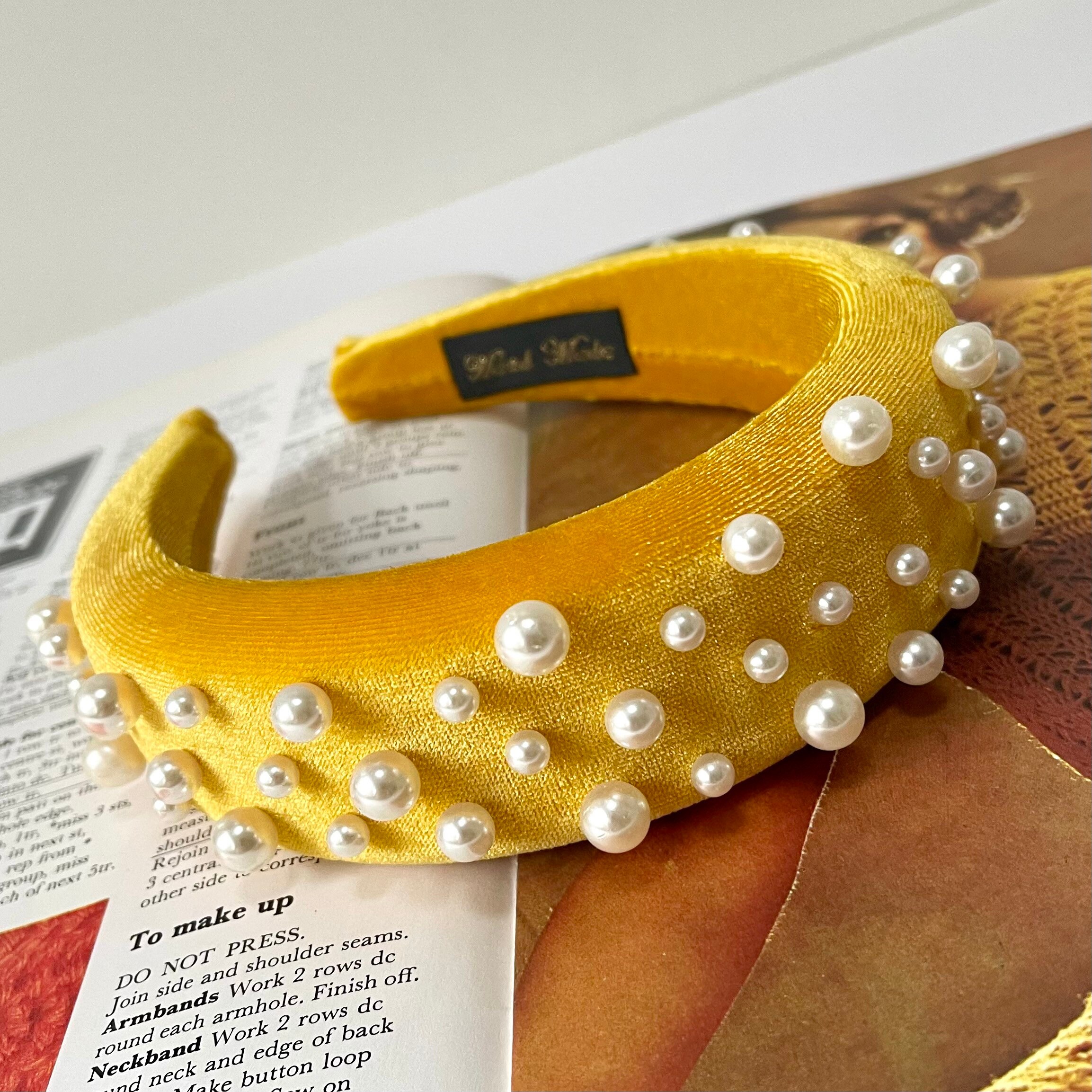 Velvet Pearl Padded Headband Yellow Oversized Assorted Pearls Hairband Wedding Bridesmaid Fascinator Hair Accessories | The Matisse