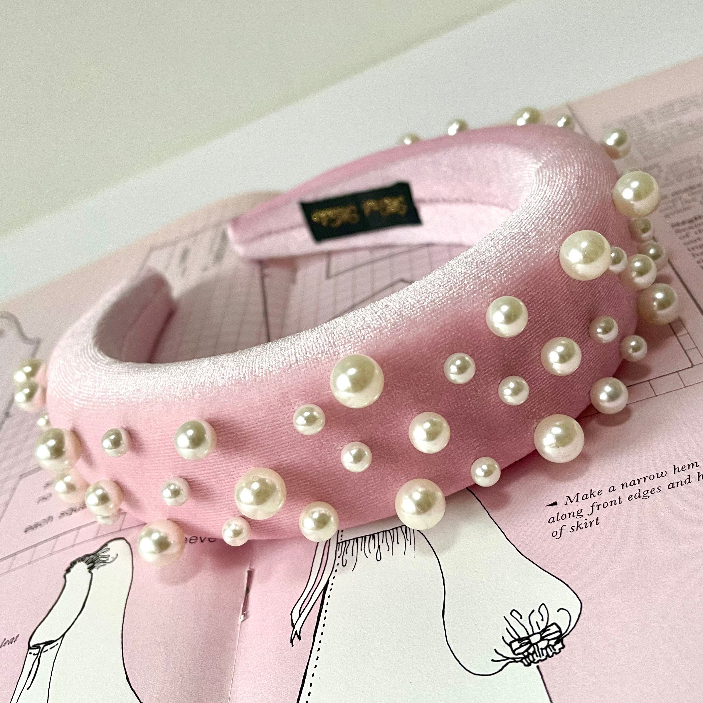 Velvet Pearl Padded Headband Baby Pink Oversized Assorted Pearls Hairband Wedding Bridesmaid Fascinator Hair Accessories | The Matisse