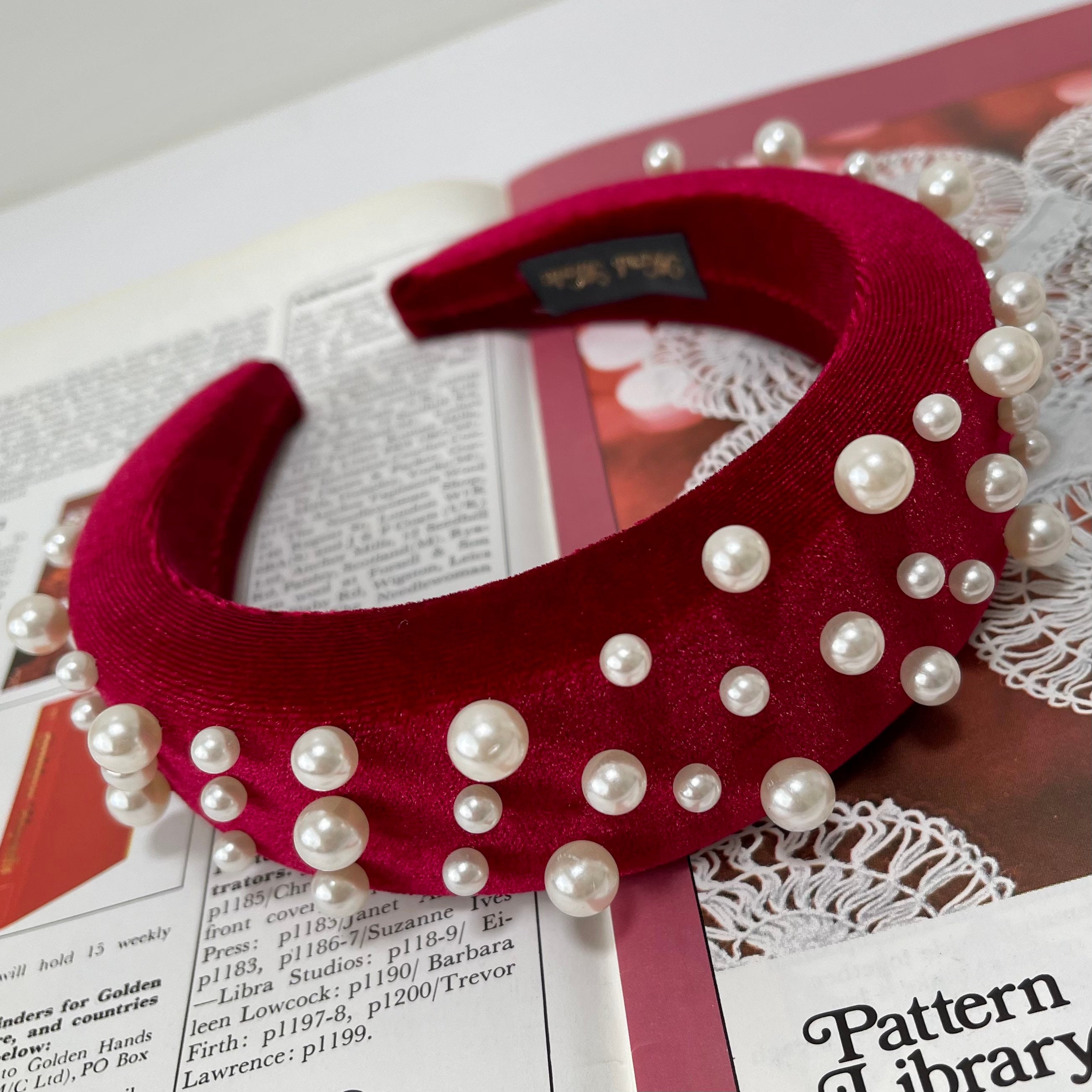 Velvet Pearl Padded Headband Burgundy Oversized Assorted Pearls Hairband Wedding Bridesmaid Fascinator Hair Accessories | The Matisse