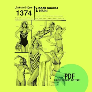 Vintage Bikini Sewing Pattern V Neck Maillot And Bikini S Digital Sewing Pattern