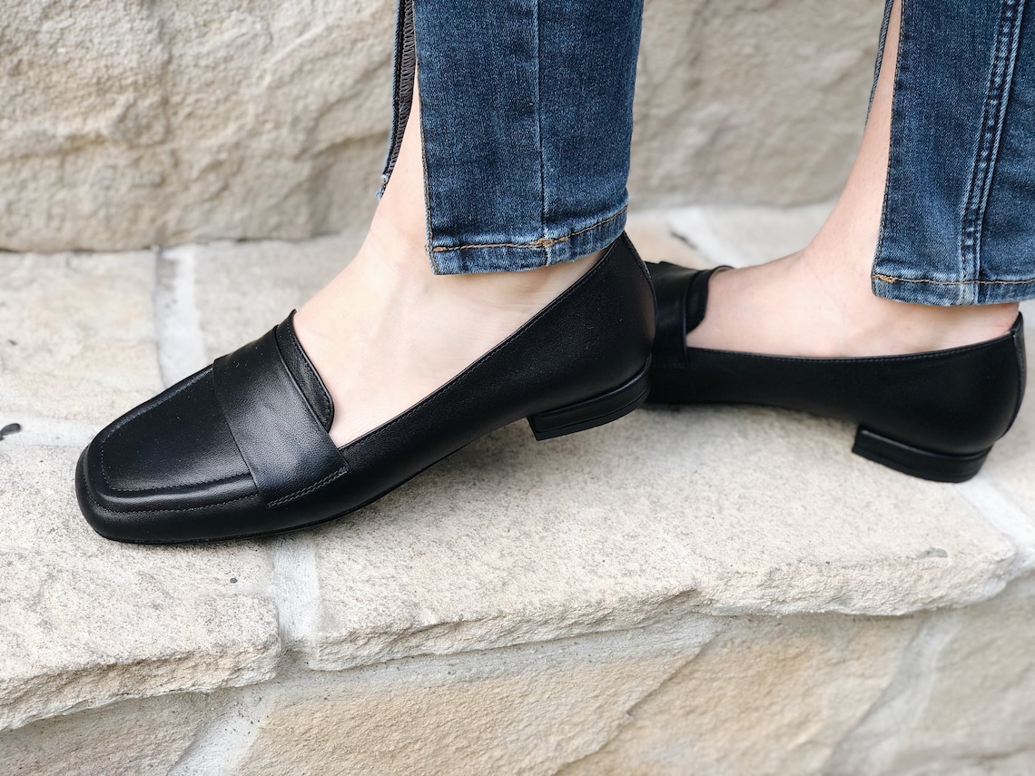 Penny Loafer Shoes Square Toe Black Leather For Woman Classic Etsy
