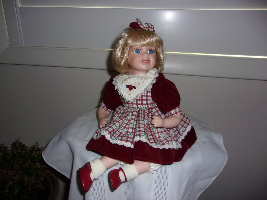 Vintage Blonde Hair Blue Eyed Doll With A Fancy Dress And Matching Bow In Hair Doll Etsy