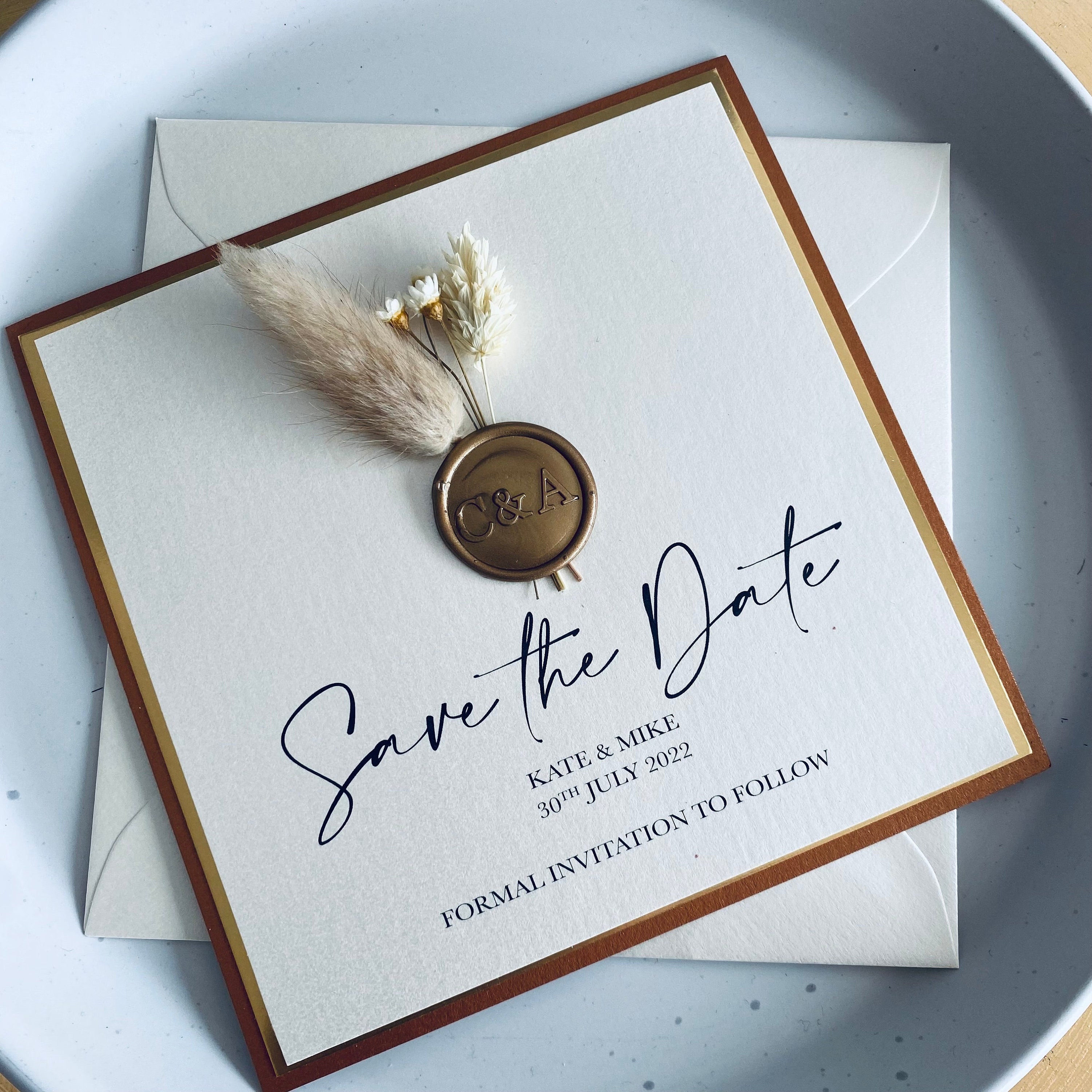 Dried Flower Save The Dates in Burnt Orange, Ivory & Gold