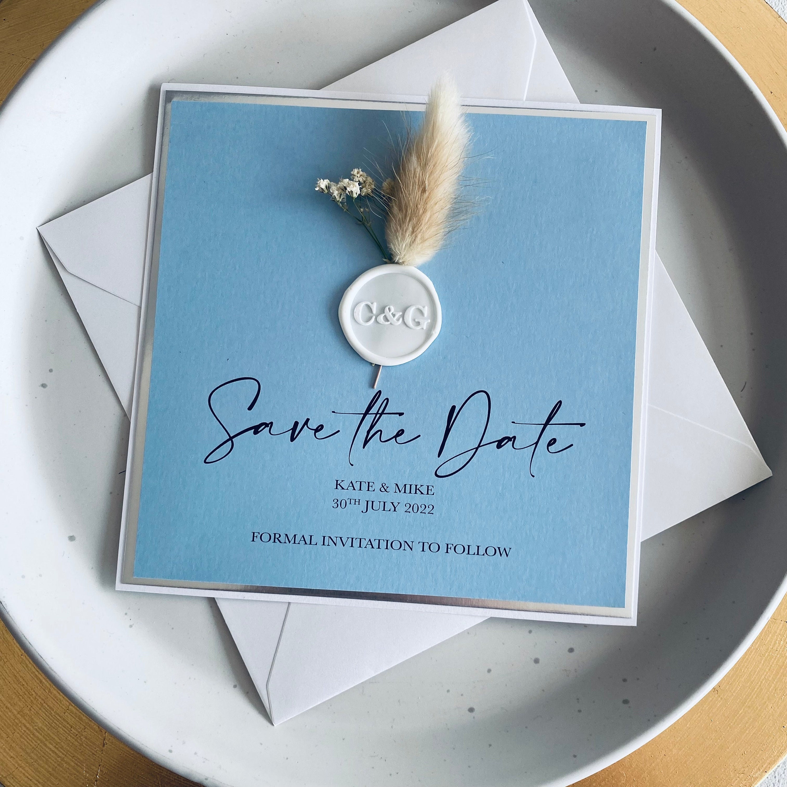 Dried Flower Save The Dates in Dusky Blue, Silver & White