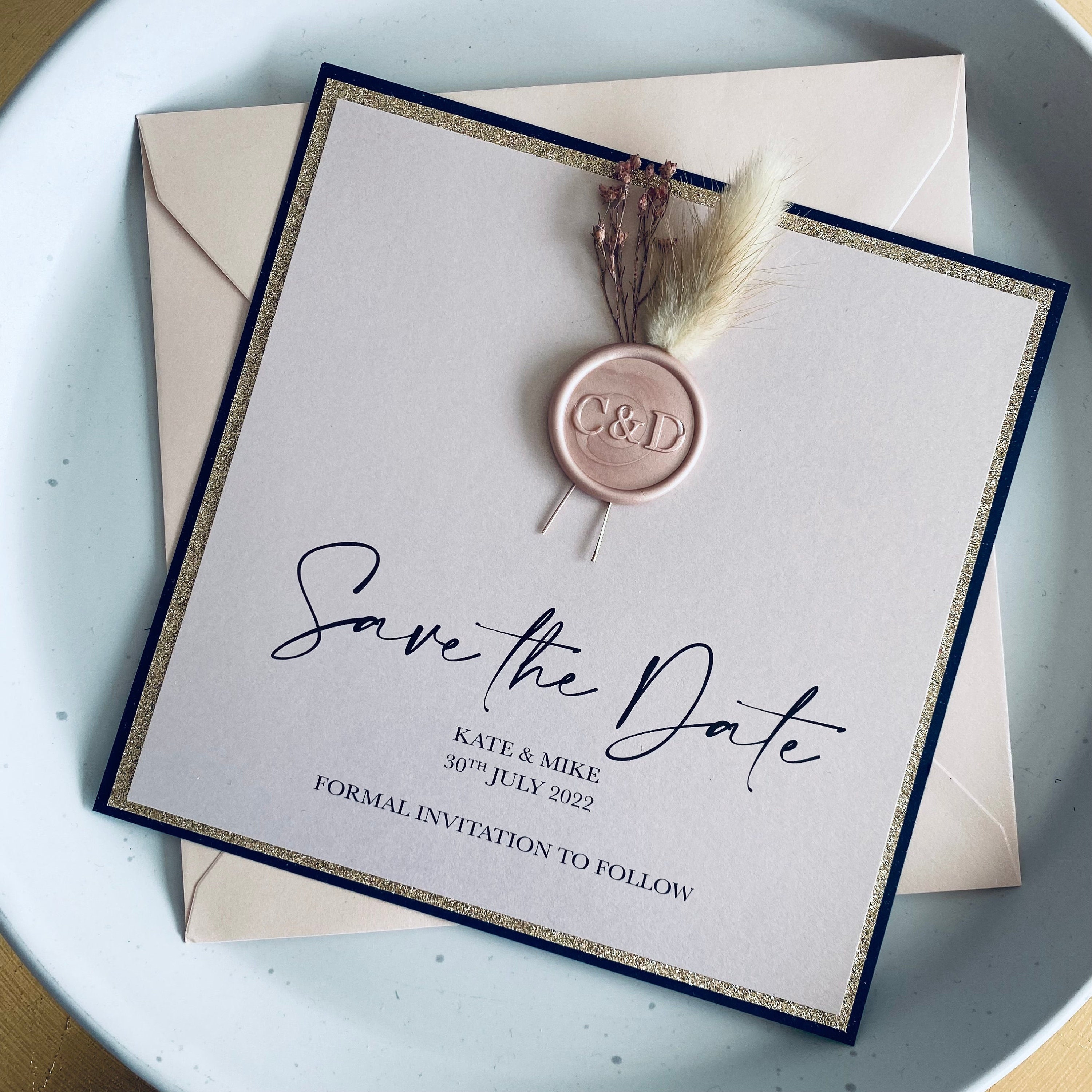 Dried Flower Save The Dates in Navy, Rose Gold & Blush Pink