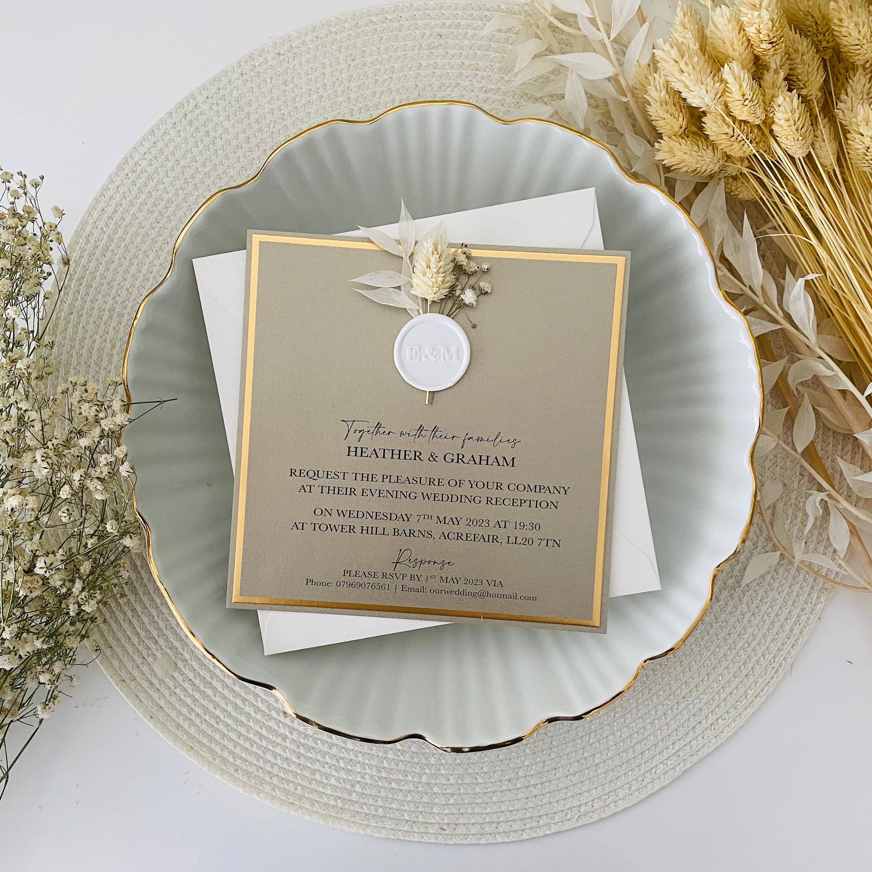 Sage Green & Gold Dried Flower Wax Seal Evening Invitations