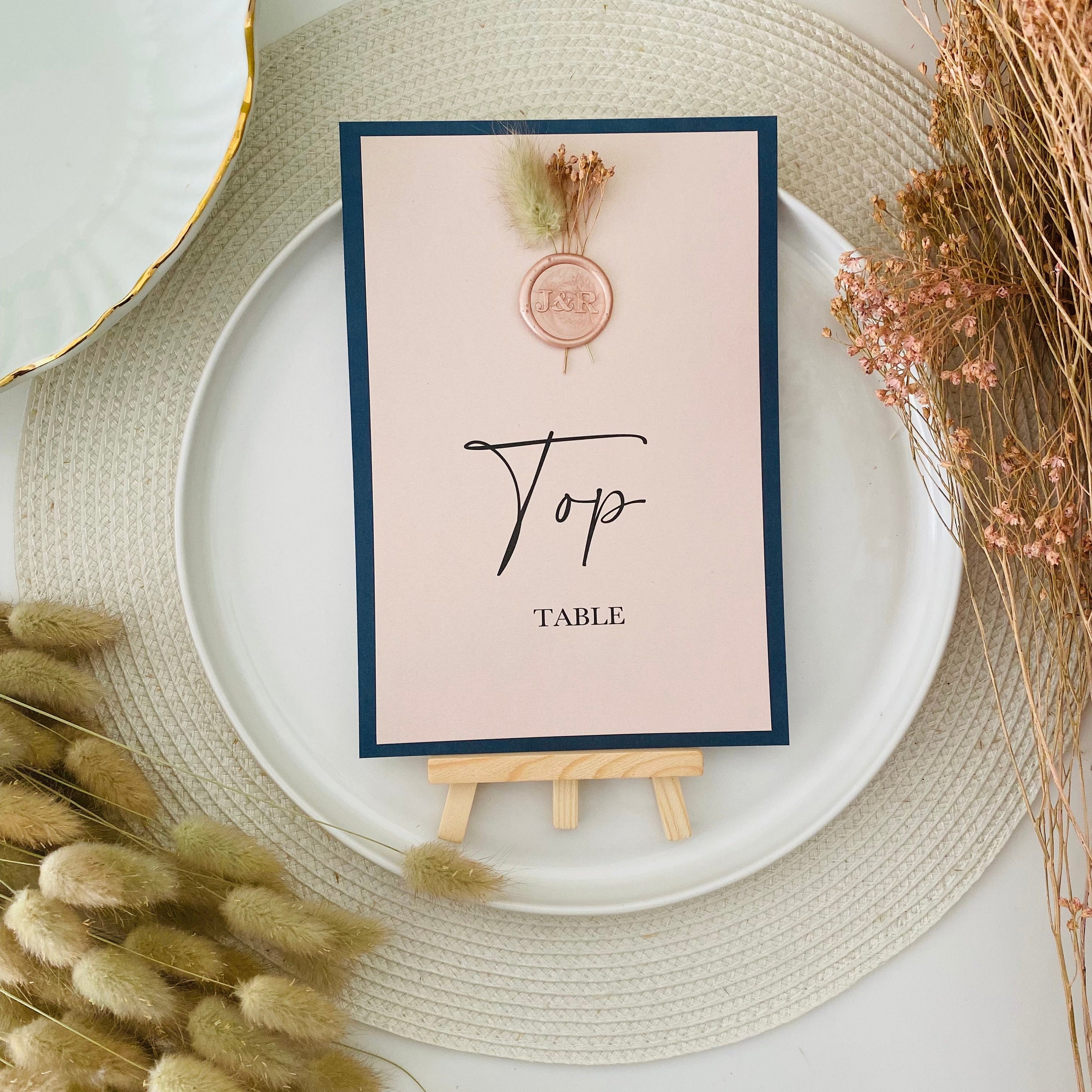 Navy & Blush Pink Dried Flowers Table Numbers/Names