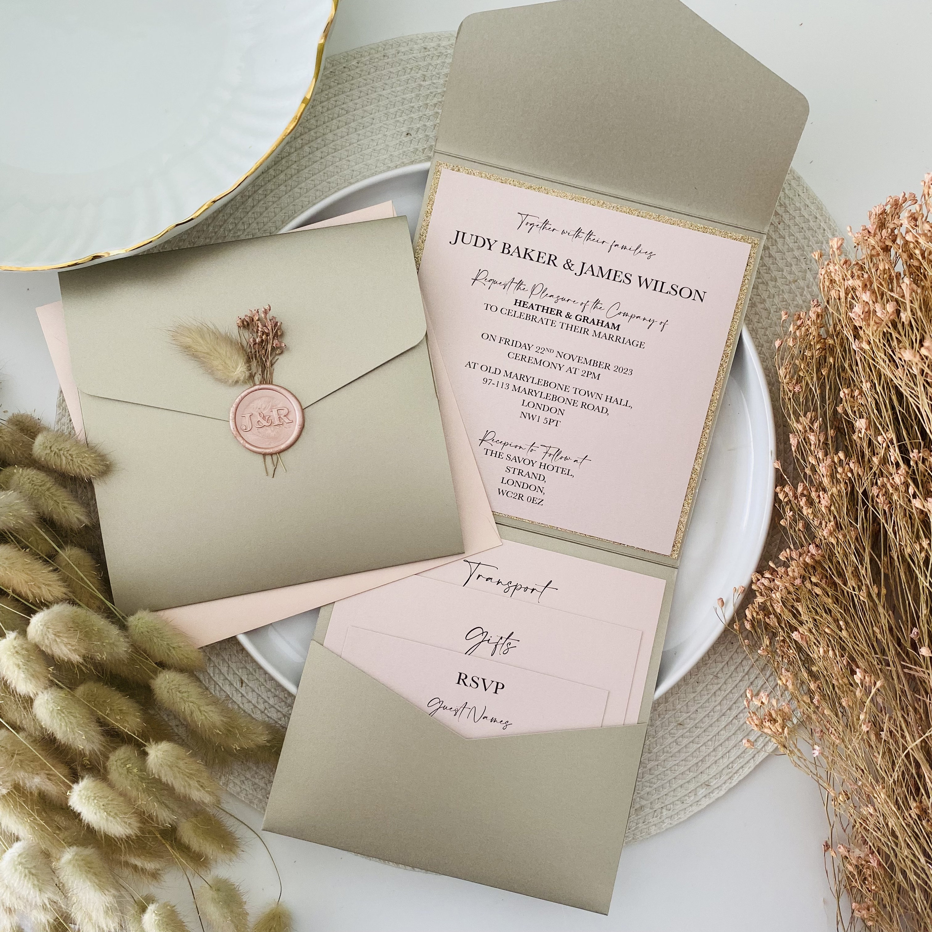 Sage Green & Blush Pink Detailed Bunny Tails Dried Flowers Pocket Fold Wedding Invitation With Rsvp