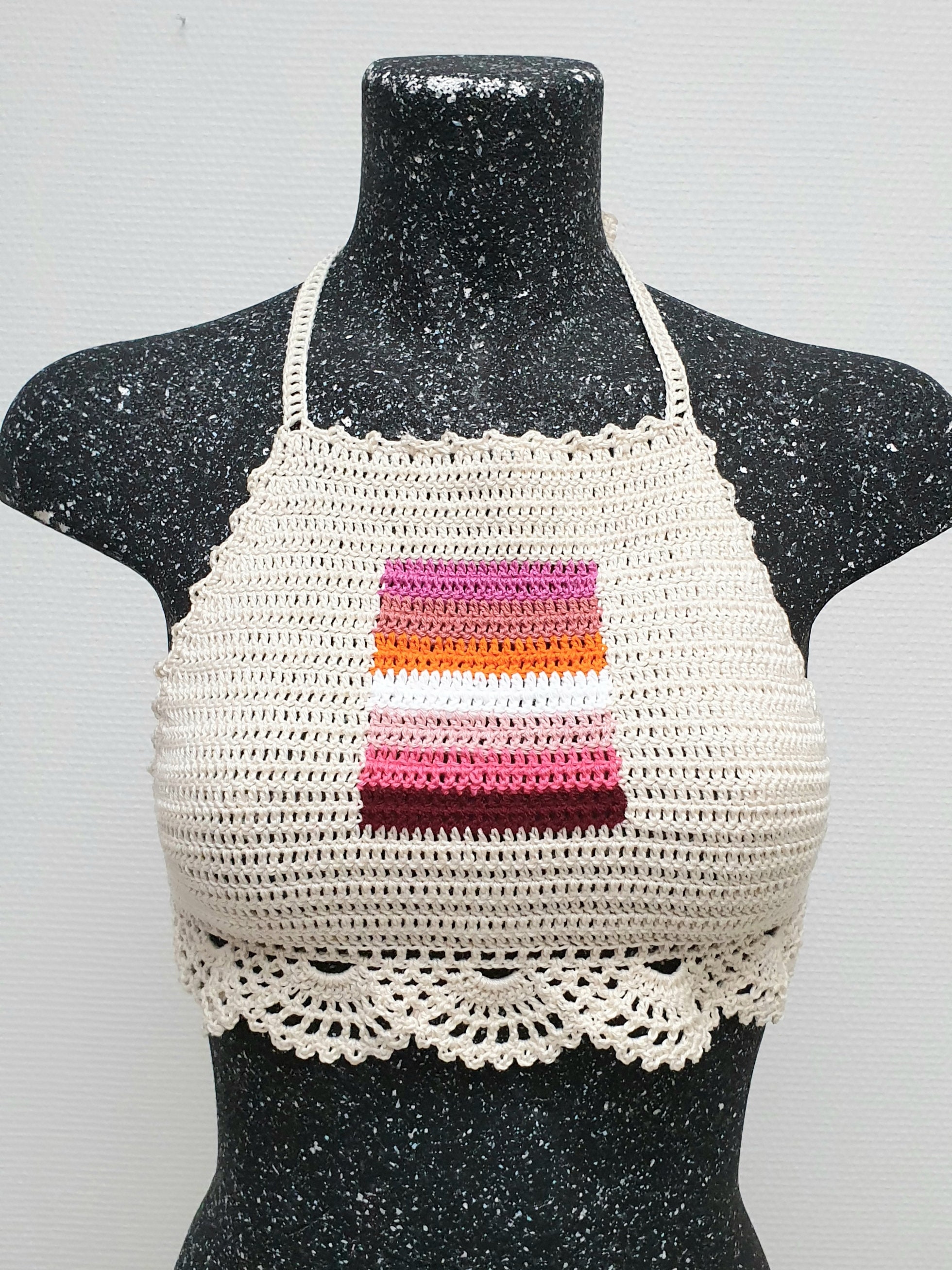 Crochet Lesbian Pride Rainbow Halter Top Boho Hippie Festival Outfit Bi Feminism Rave Crop