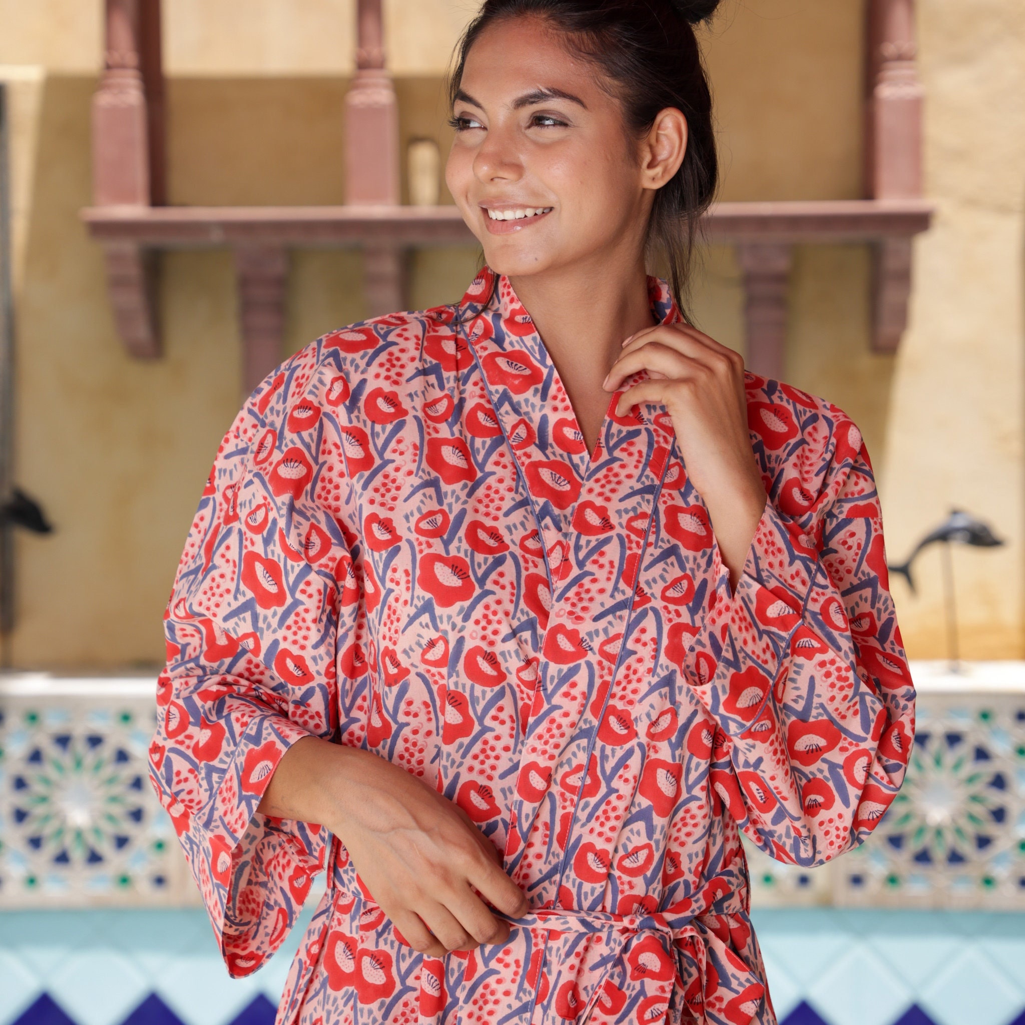 Womens Dressing Gown | Block Printed Kimono Robe Christmas Gift Sleepwear Bathrobe Loungewear Beach Cover Up
